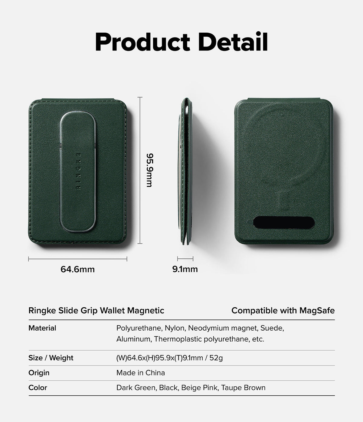 Card Holder | Slide Grip Wallet Magnetic - Technical diagram showing dimensions and material specs of a dark green magnetic wallet.