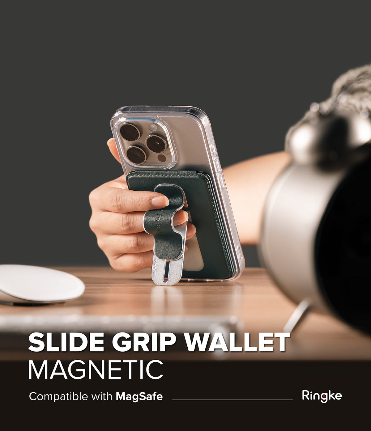 Card Holder | Slide Grip Wallet Magnetic - Hand holding a smartphone with a dark green magnetic slide grip wallet attached.