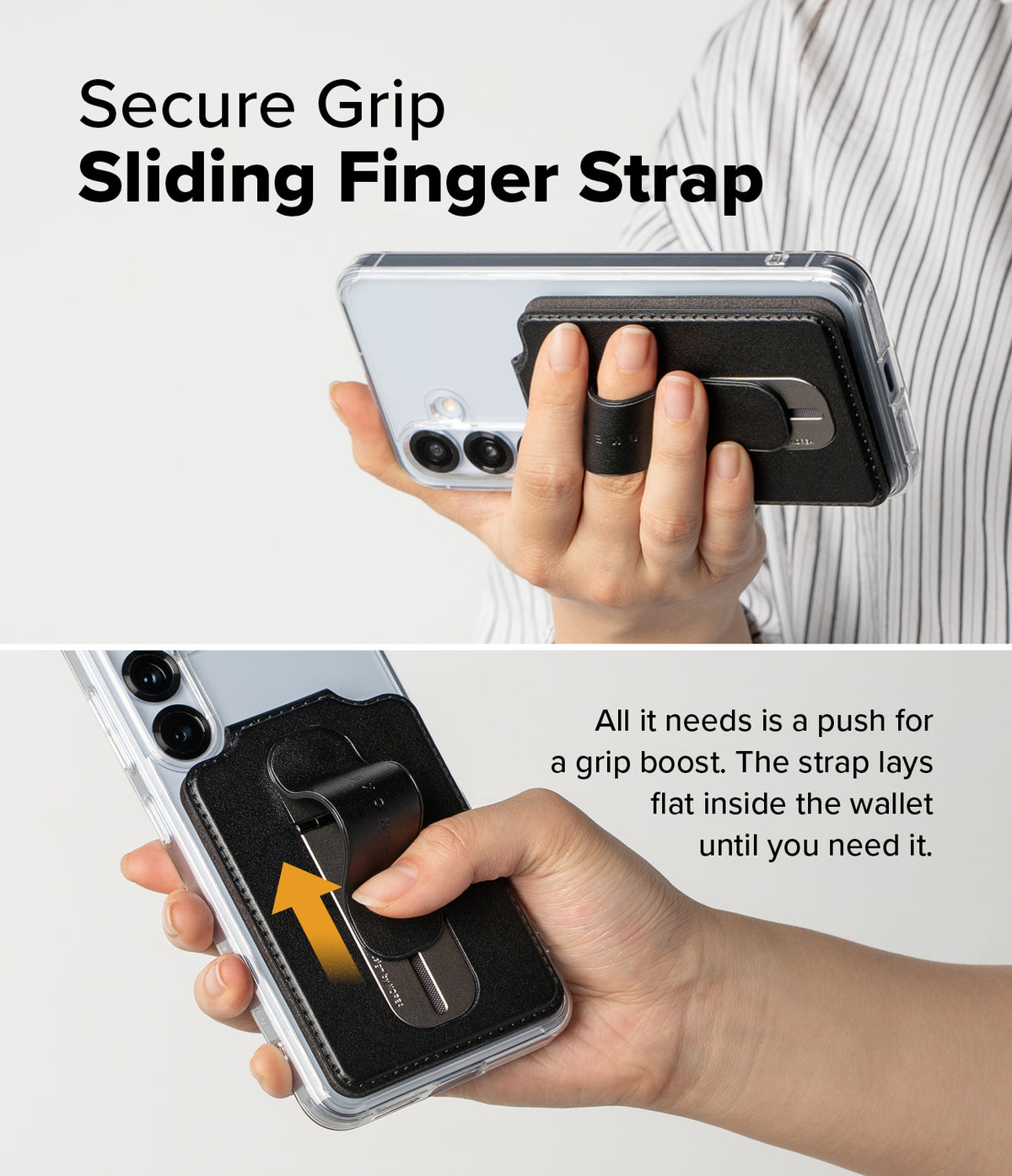 Card Holder | Slide Grip Wallet Magnetic Edge - Hand holding a phone with a black magnetic wallet featuring a sliding finger strap.