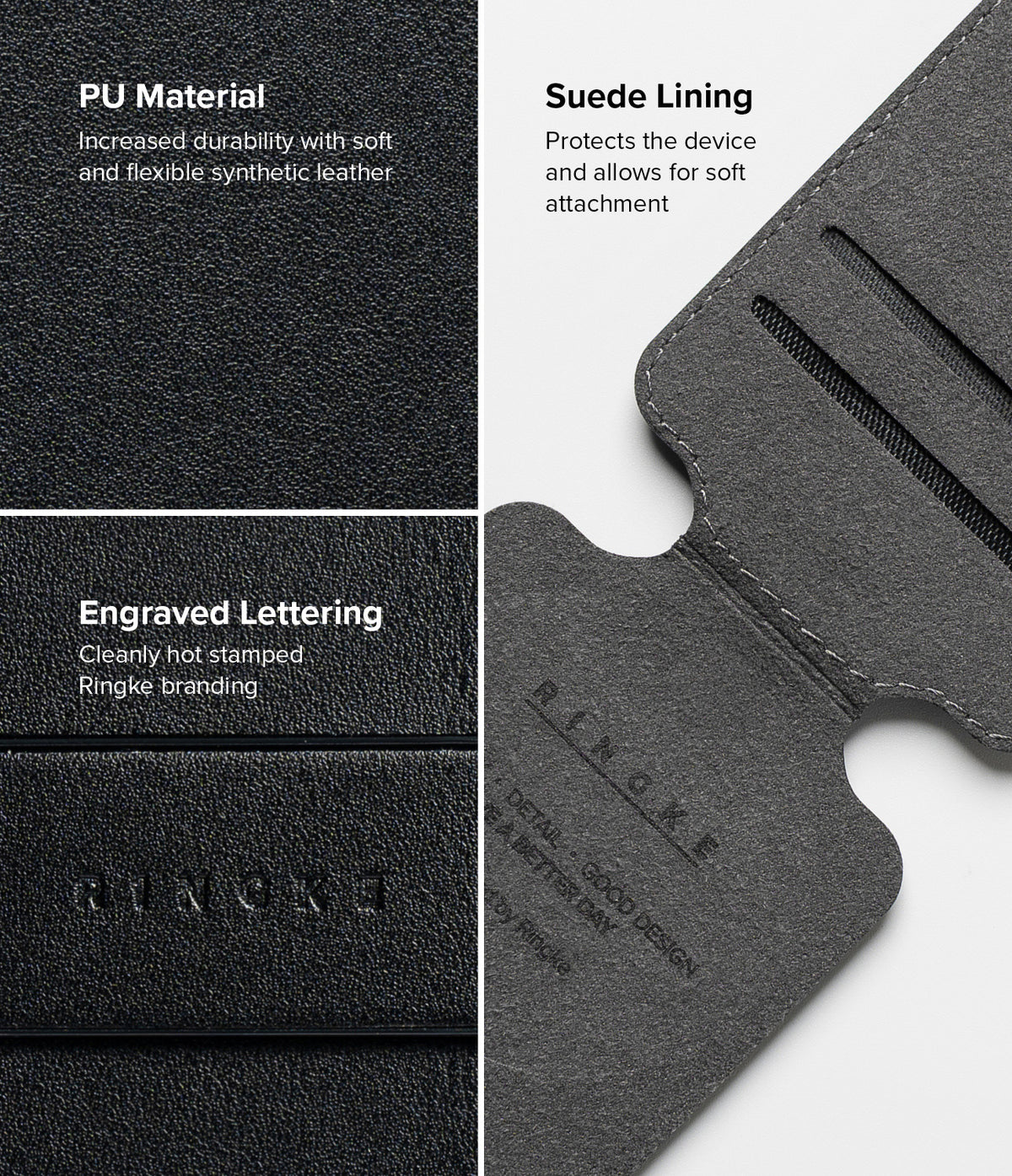 Card Holder | Slide Grip Wallet Magnetic Edge - Card Holder - Close-up of black PU leather texture, suede lining, and Ringke engraved branding on a magnetic wallet.