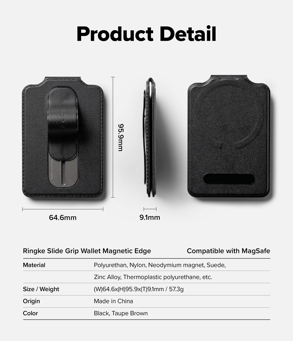 Card Holder | Slide Grip Wallet Magnetic Edge - Dimensions and specifications for a black magnetic card holder.