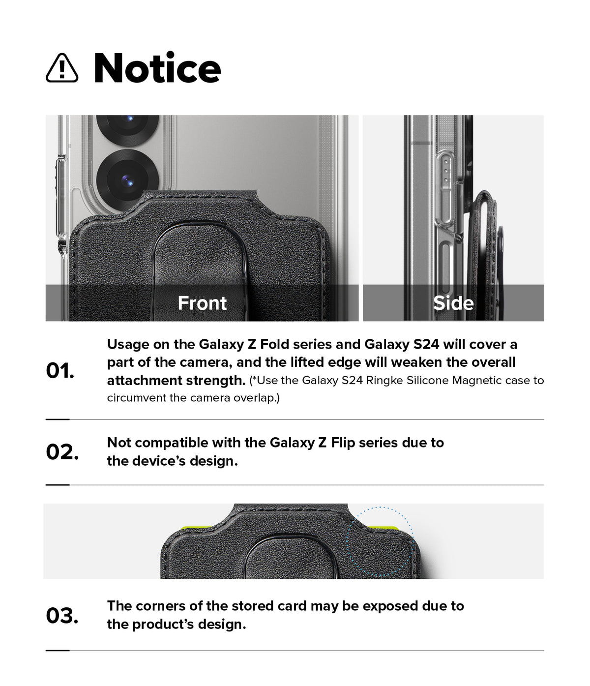 Card Holder | Slide Grip Wallet Magnetic Edge - Card Holder - Notice graphic showing magnetic wallet compatibility warnings for Galaxy Z Fold, S24, and Z Flip devices.