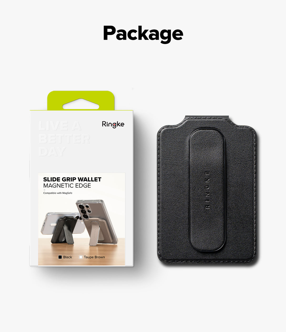 Card Holder | Slide Grip Wallet Magnetic Edge - Black magnetic wallet with a built-in finger grip next to its retail box.