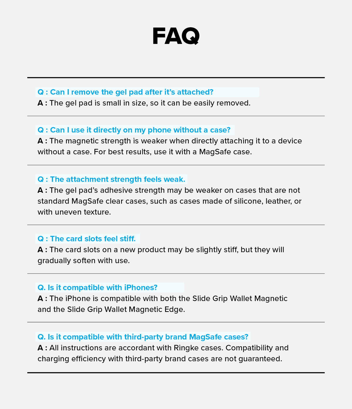 Card Holder | Slide Grip Wallet Magnetic Edge - FAQ list with questions and answers about product usage and compatibility.