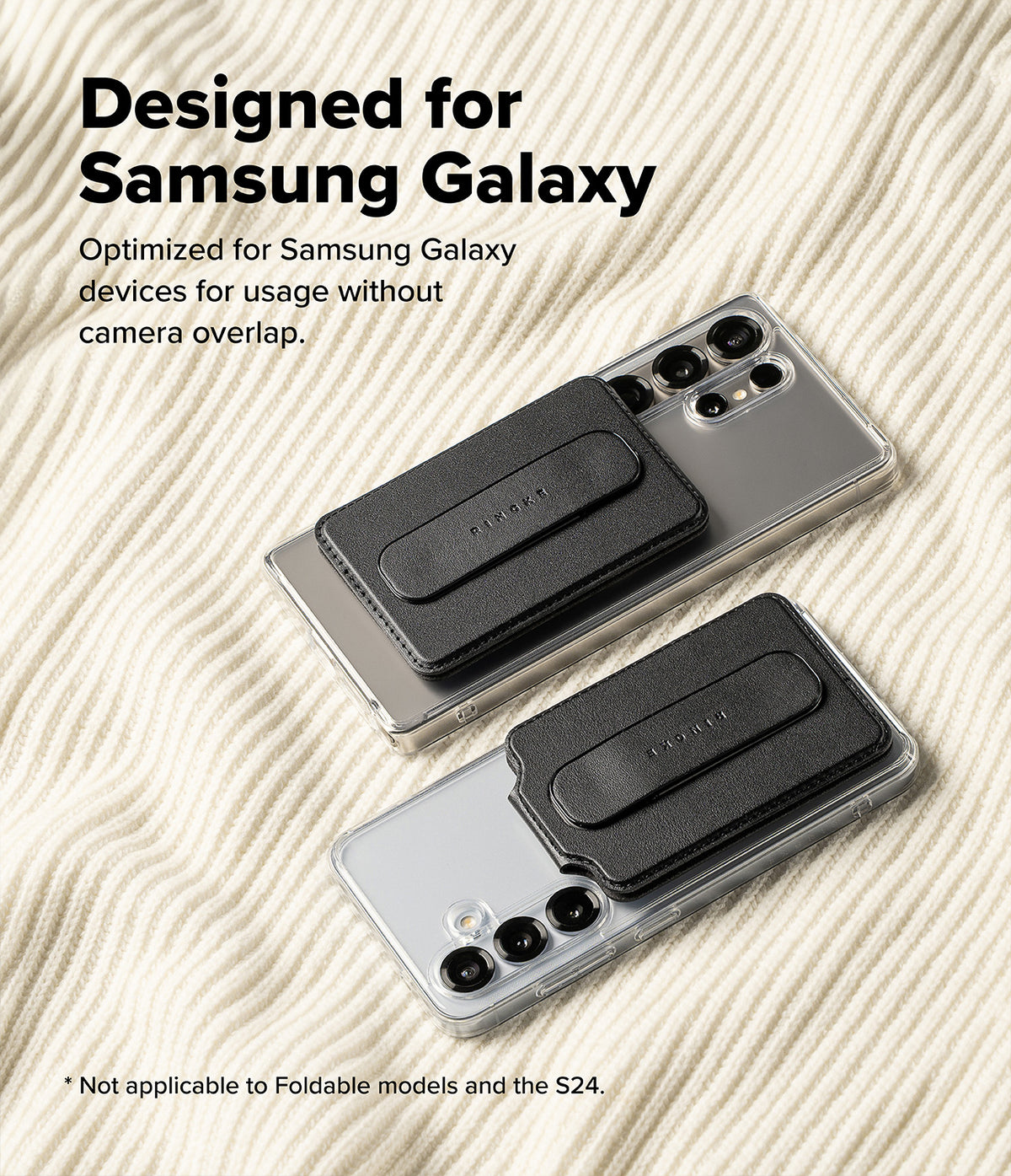 Card Holder | Slide Grip Wallet Magnetic Edge - Card Holder - Two Samsung Galaxy phones with black magnetic card holders attached, resting on a textured cream fabric.