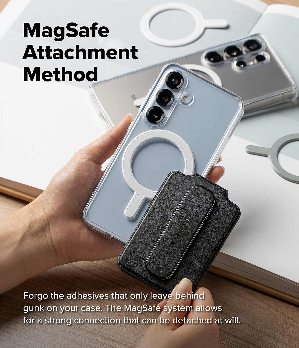 Card Holder | Slide Grip Wallet Magnetic Edge - Hand attaching a black magnetic wallet to a clear phone case.