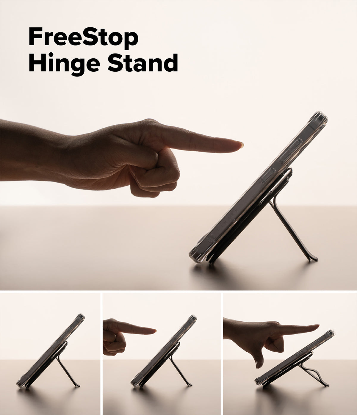 Card Holder | Slide Grip Wallet Magnetic Edge - Card Holder - Hand adjusting a smartphone on a magnetic hinge stand at various viewing angles on a neutral background.