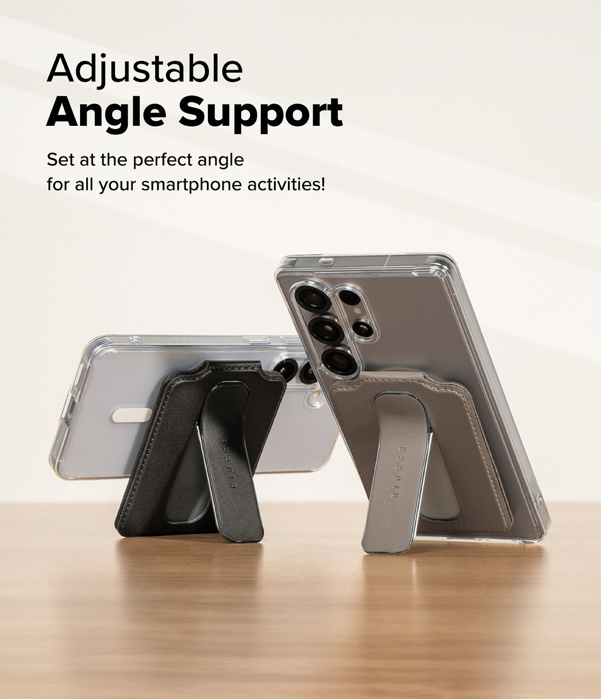 Card Holder | Slide Grip Wallet Magnetic Edge - Two smartphones with black and gray magnetic kickstand wallets propped up.