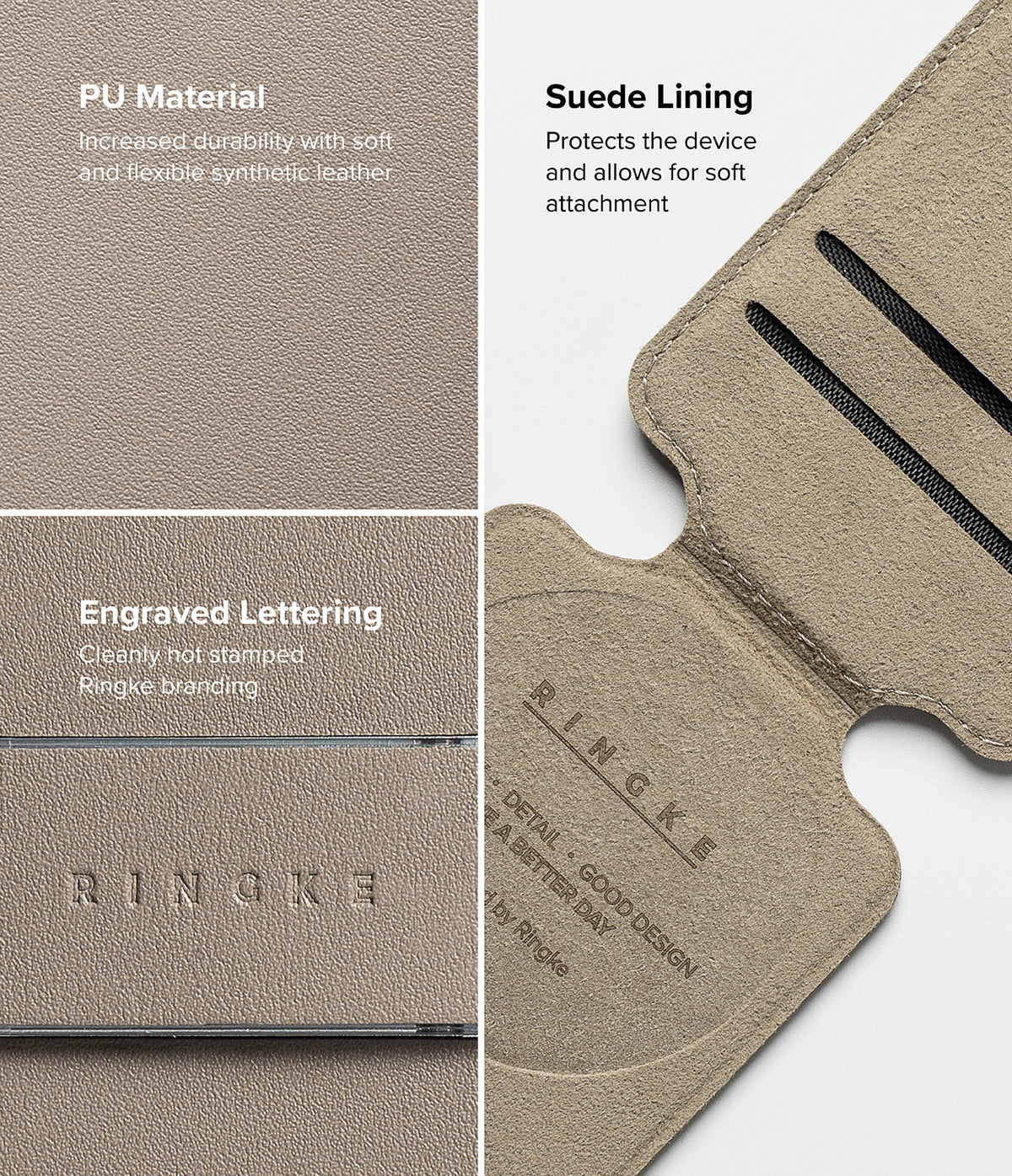 Card Holder | Slide Grip Wallet Magnetic Edge - Close-up of PU leather texture, suede lining, and Ringke branding.