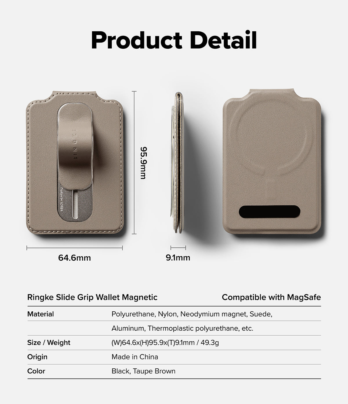 Card Holder | Slide Grip Wallet Magnetic Edge - Dimensions and specifications for a taupe magnetic wallet with a slide grip.