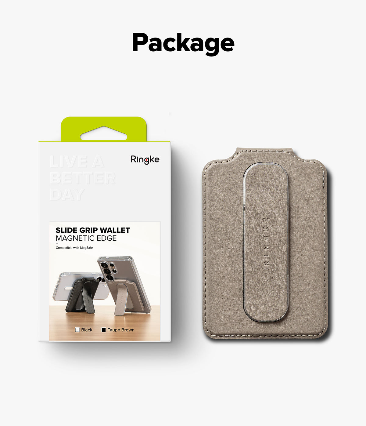 Card Holder | Slide Grip Wallet Magnetic Edge - Retail packaging next to a taupe magnetic phone wallet with a slide grip.