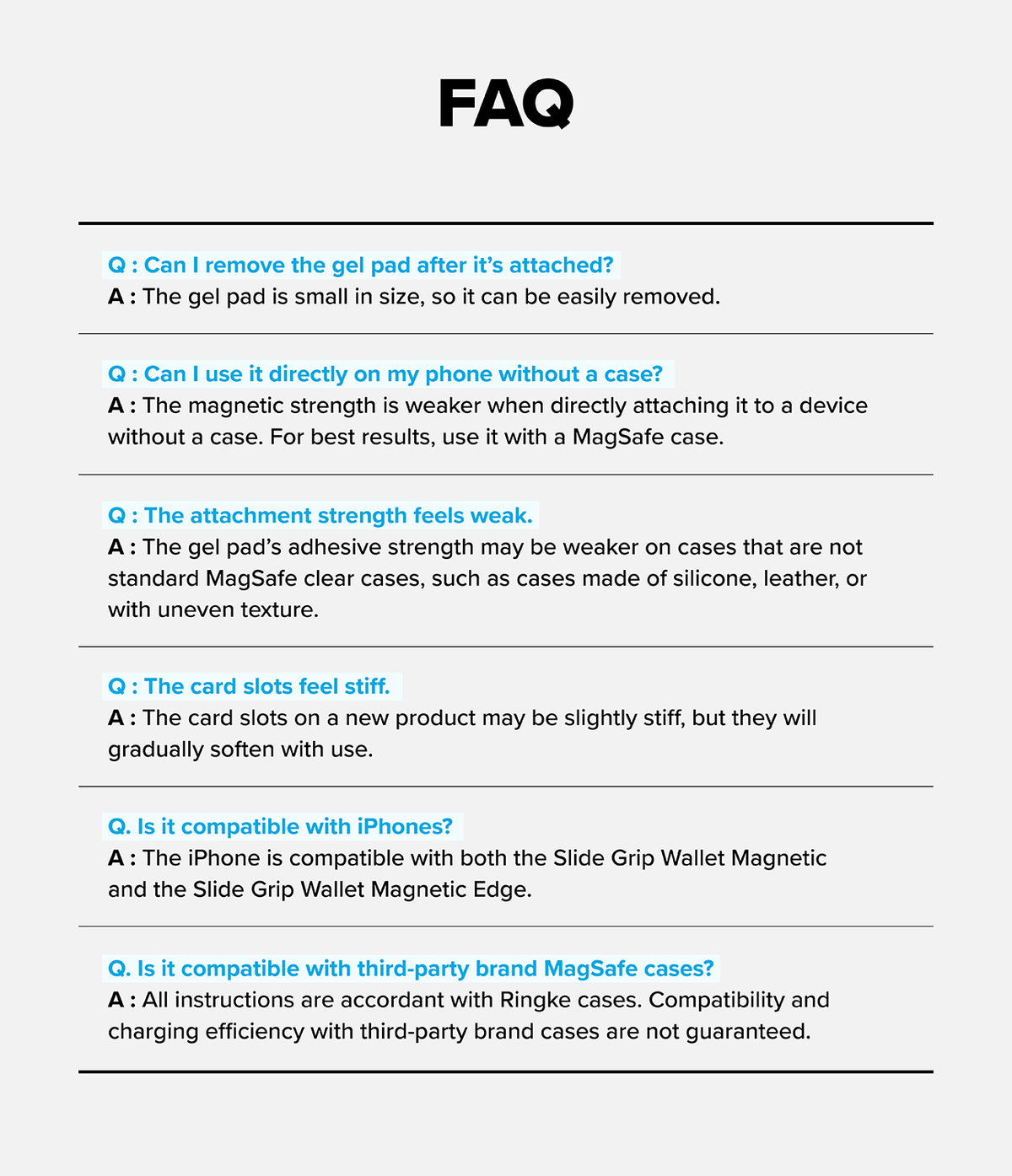 Card Holder | Slide Grip Wallet Magnetic Edge - FAQ list with questions and answers about magnetic strength and usage.