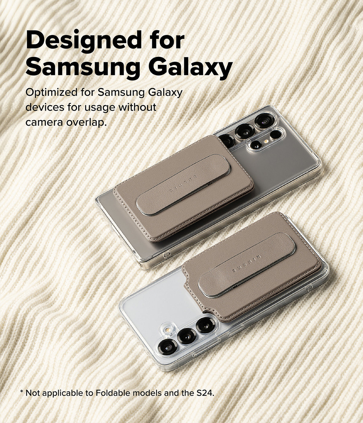 Card Holder | Slide Grip Wallet Magnetic Edge - Two Samsung Galaxy phones with magnetic grey card holders attached.