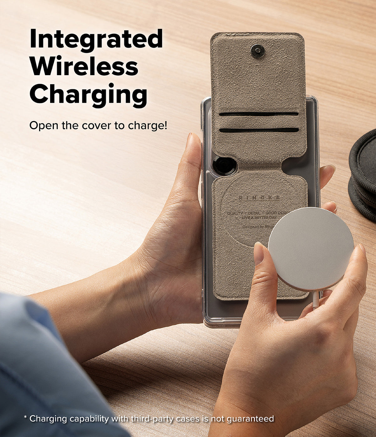 Card Holder | Slide Grip Wallet Magnetic Edge - Card Holder - Hands holding a phone case with an open magnetic wallet flap while applying a wireless charger.