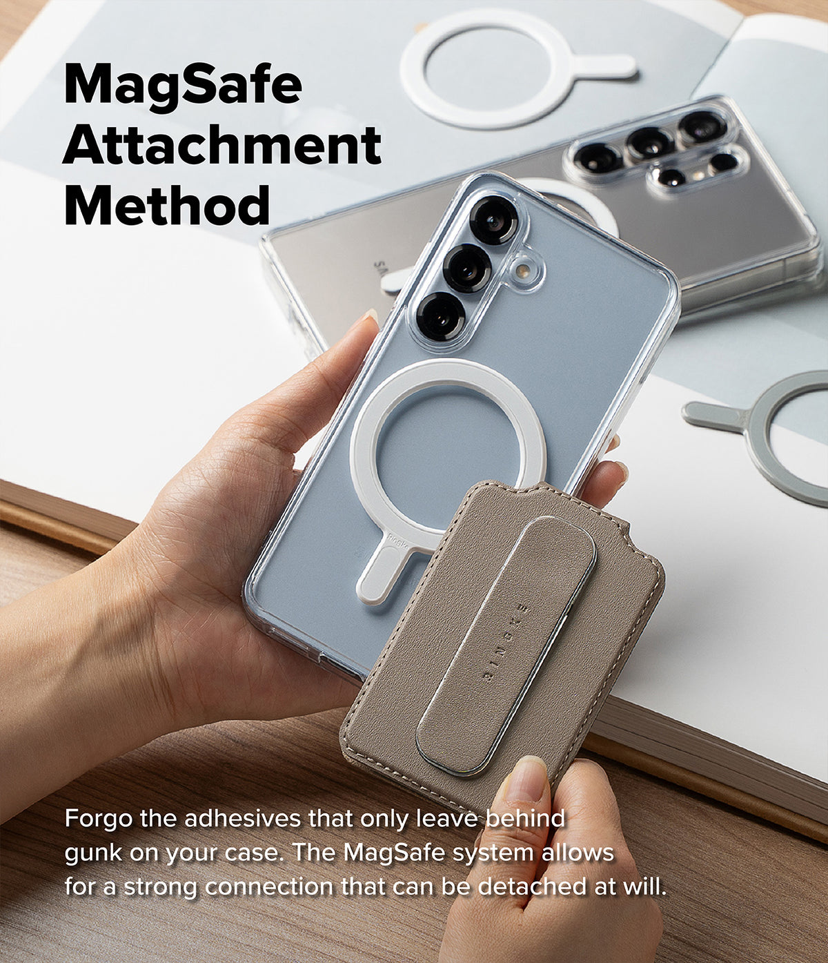 Card Holder | Slide Grip Wallet Magnetic Edge - Hand holding a magnetic wallet near a phone case with a MagSafe ring.