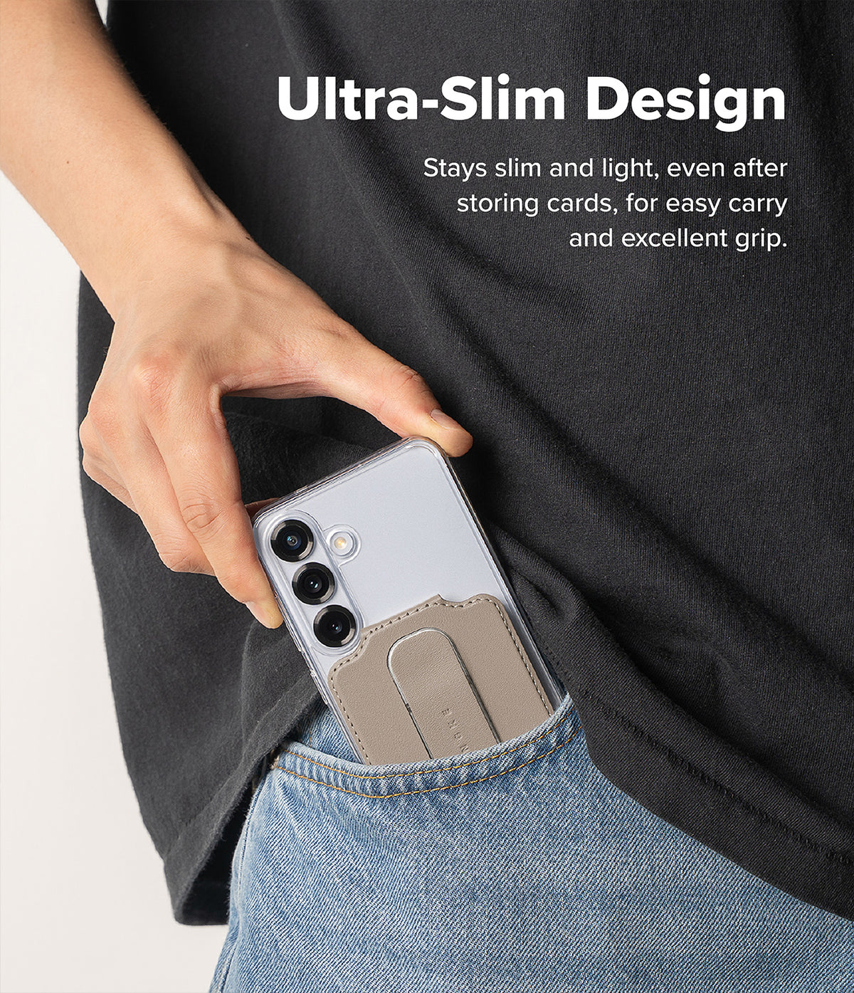 Card Holder | Slide Grip Wallet Magnetic Edge - A hand sliding a phone with a beige magnetic card holder into a jeans pocket.