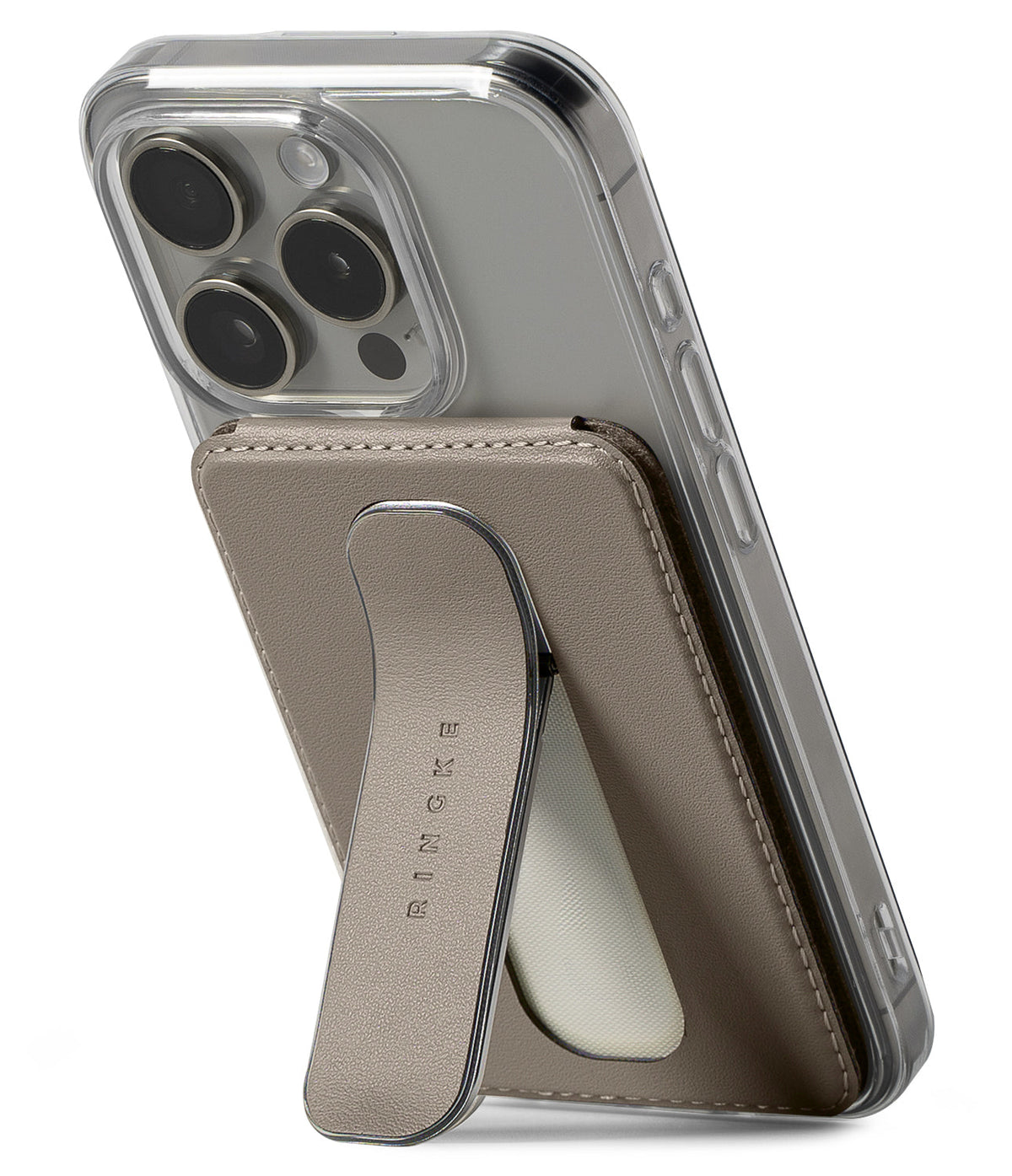 Card Holder | Slide Grip Wallet Magnetic - Taupe magnetic wallet attached to a phone with an integrated kickstand.
