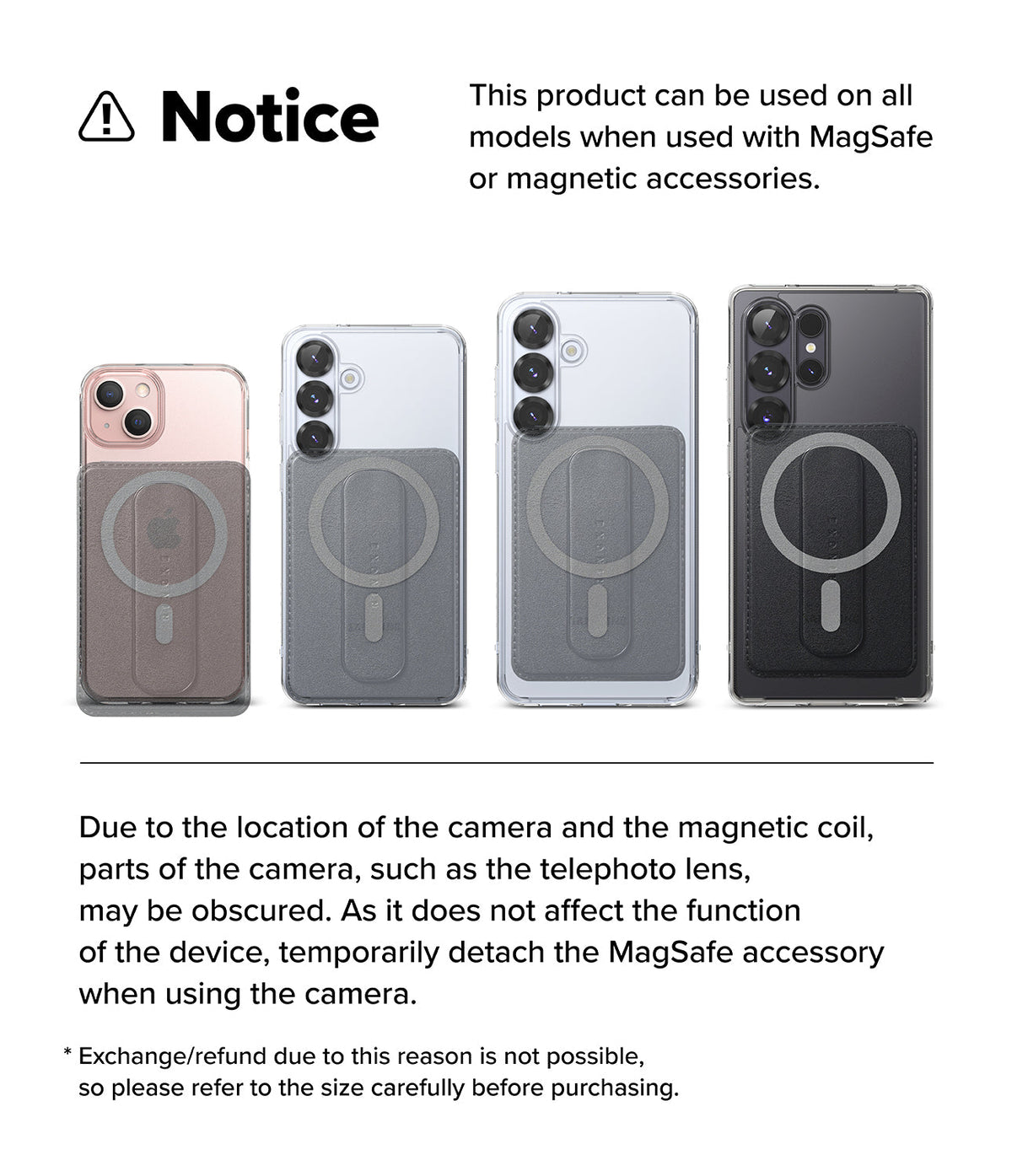 Card Holder | Slide Grip Wallet Magnetic - Four smartphones with magnetic wallets attached, showing potential camera overlap.