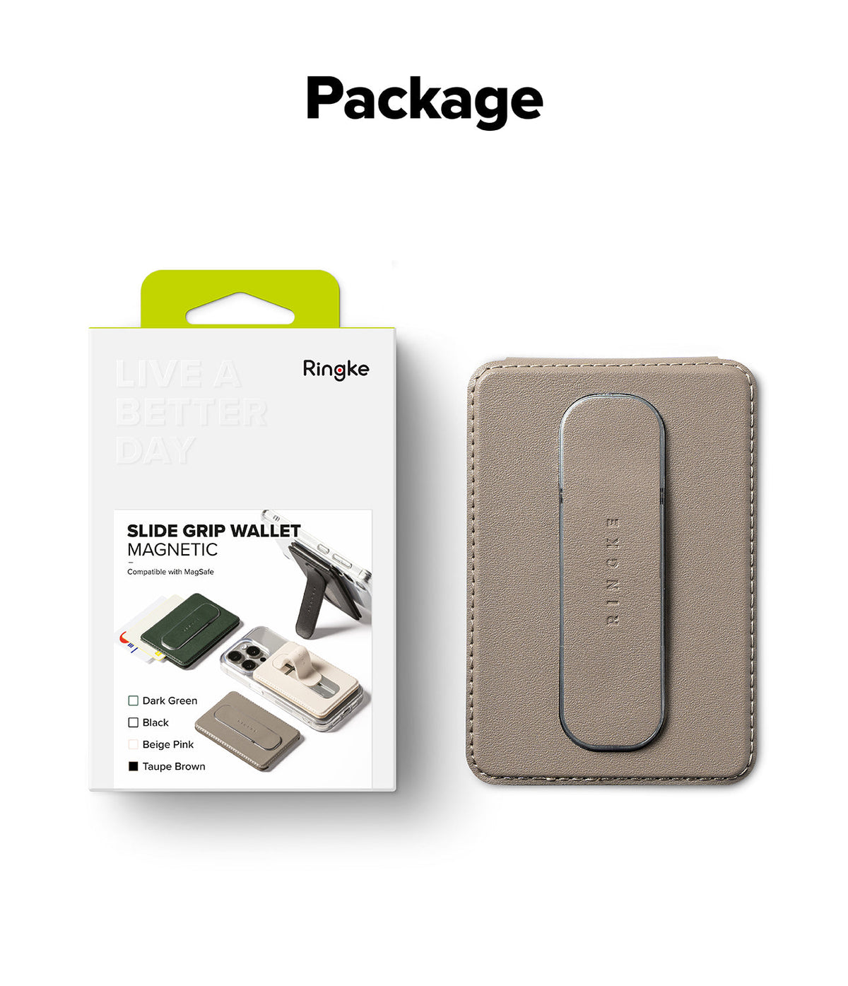 Card Holder | Slide Grip Wallet Magnetic - Retail packaging next to a taupe brown magnetic slide grip wallet.