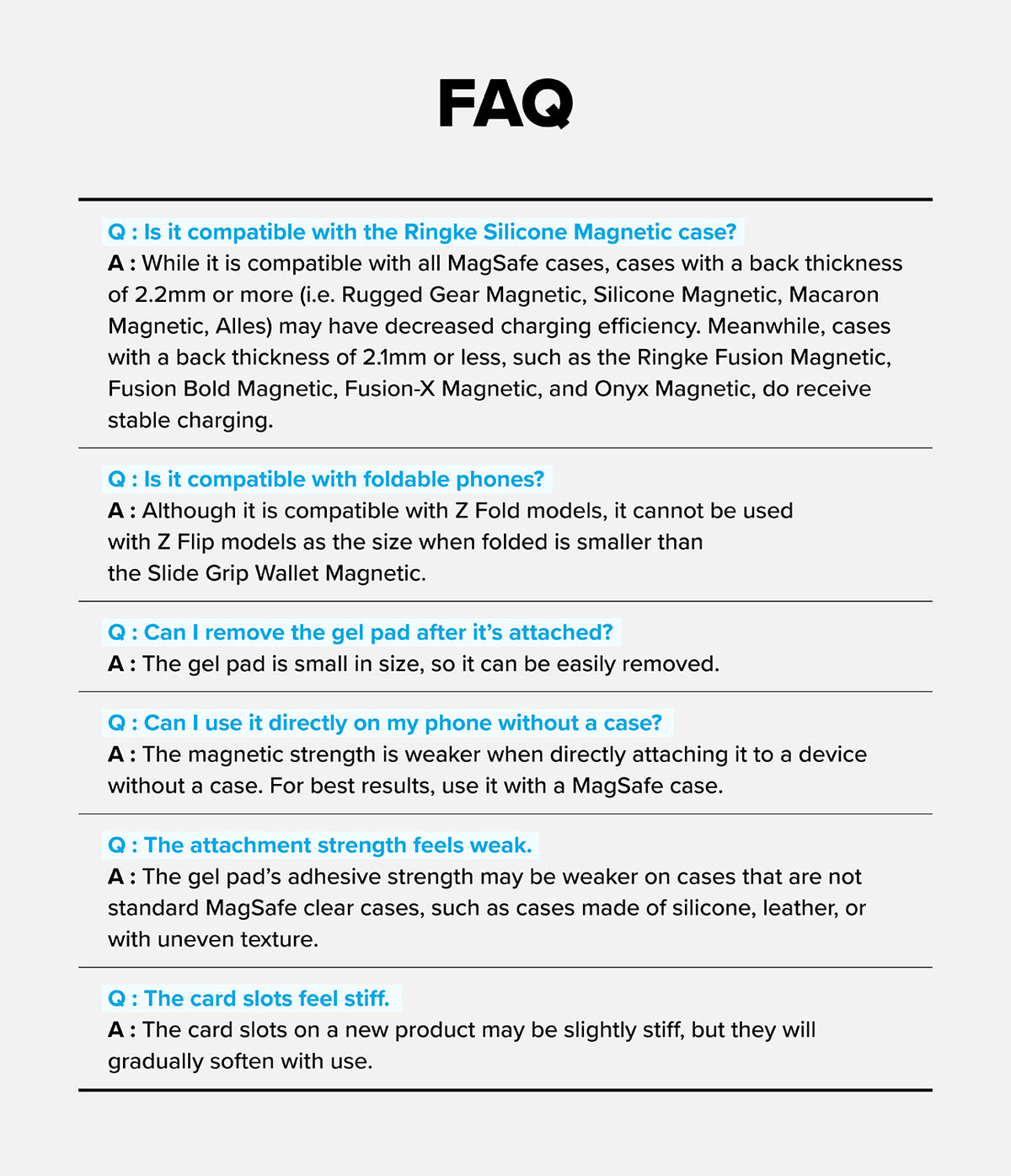 Card Holder | Slide Grip Wallet Magnetic - FAQ list regarding compatibility, magnetic strength, and usage of the wallet.