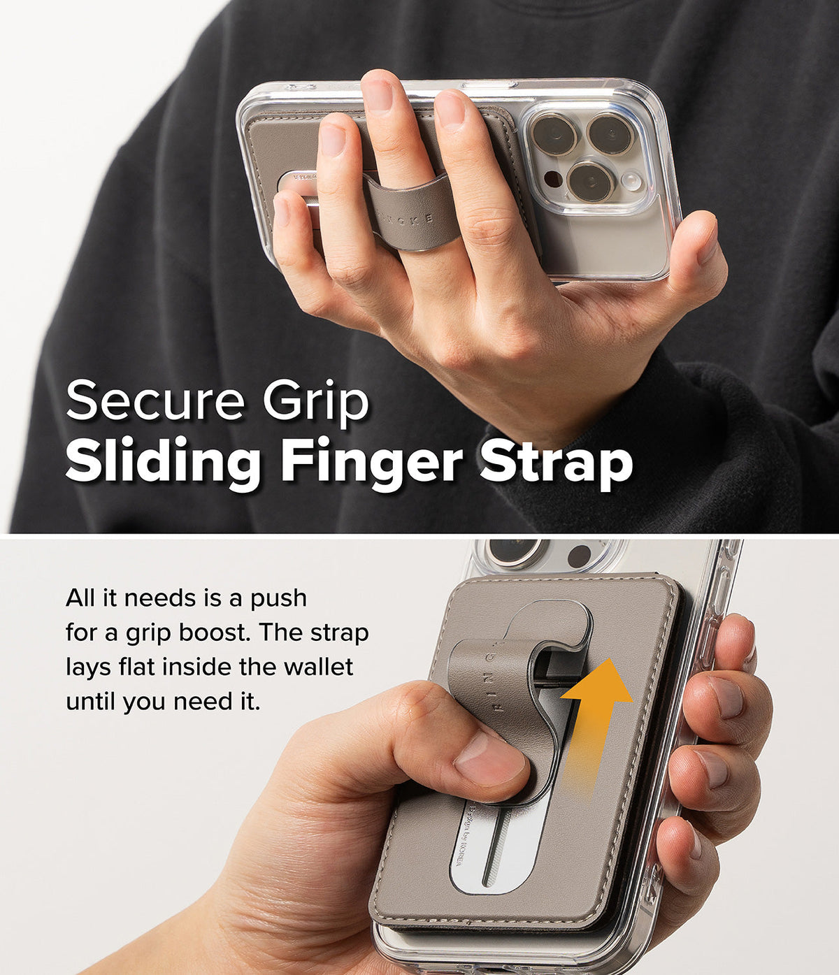 Card Holder | Slide Grip Wallet Magnetic - Hand holding a phone with a grey magnetic wallet featuring a sliding strap.