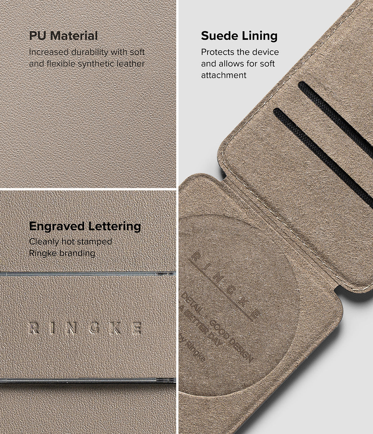 Card Holder | Slide Grip Wallet Magnetic - Close-up of PU leather texture, suede lining, and Ringke branding details.