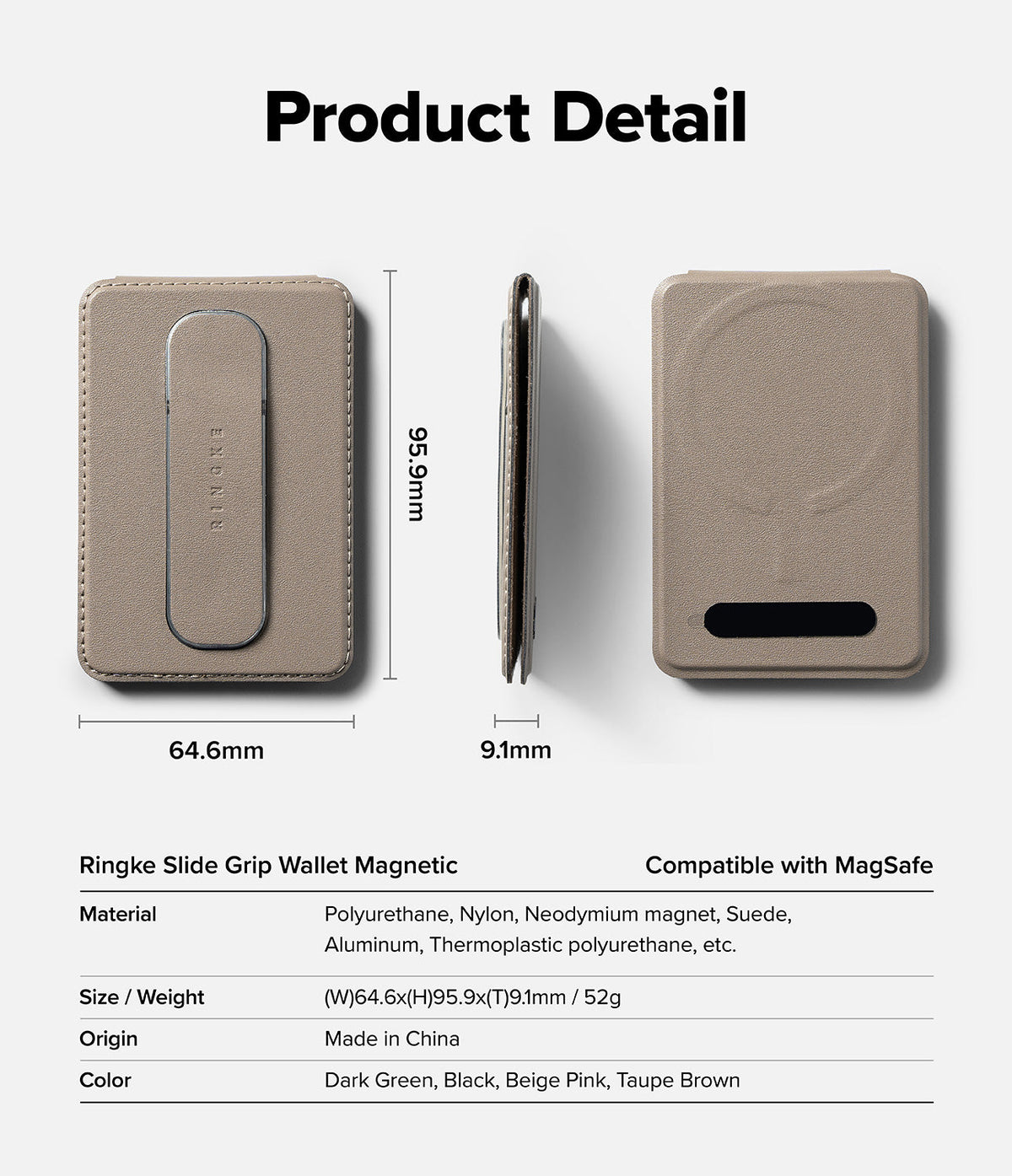 Card Holder | Slide Grip Wallet Magnetic - Dimensions and material specifications for the taupe magnetic phone wallet.