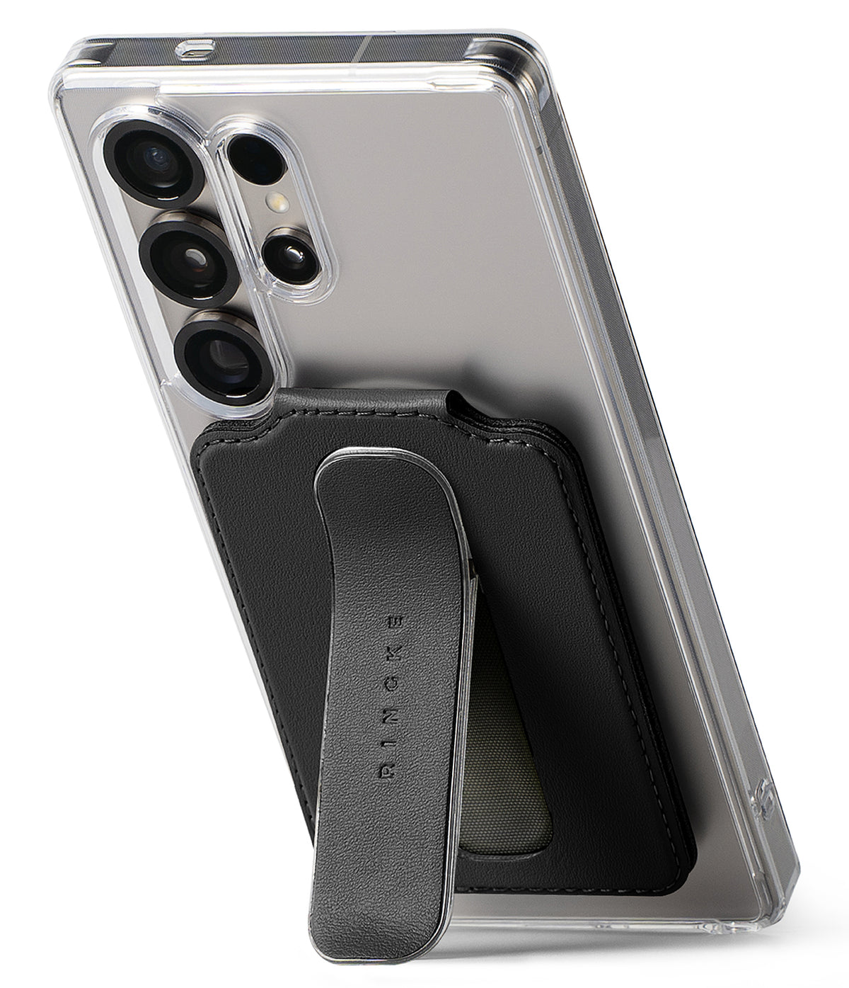 Card Holder | Slide Grip Wallet Magnetic Edge - Black magnetic card holder with a slide-out grip stand on a phone.