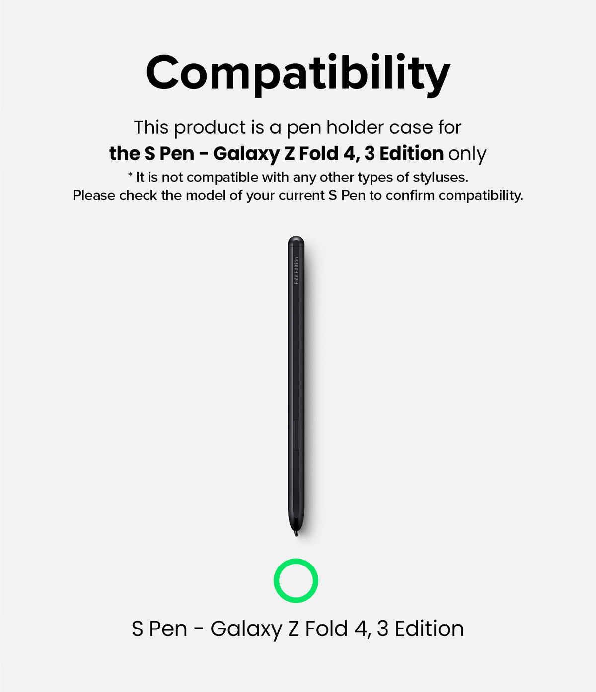 Galaxy S Pen (Fold Edition) Holder | Slim - Compatibility text and a black S Pen Fold Edition with a green checkmark.