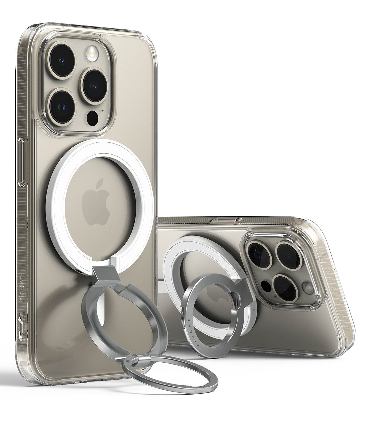 Ringke Smart Ring Magnetic - Two iPhones in clear cases with white magnetic ring holders and silver metal finger loops.