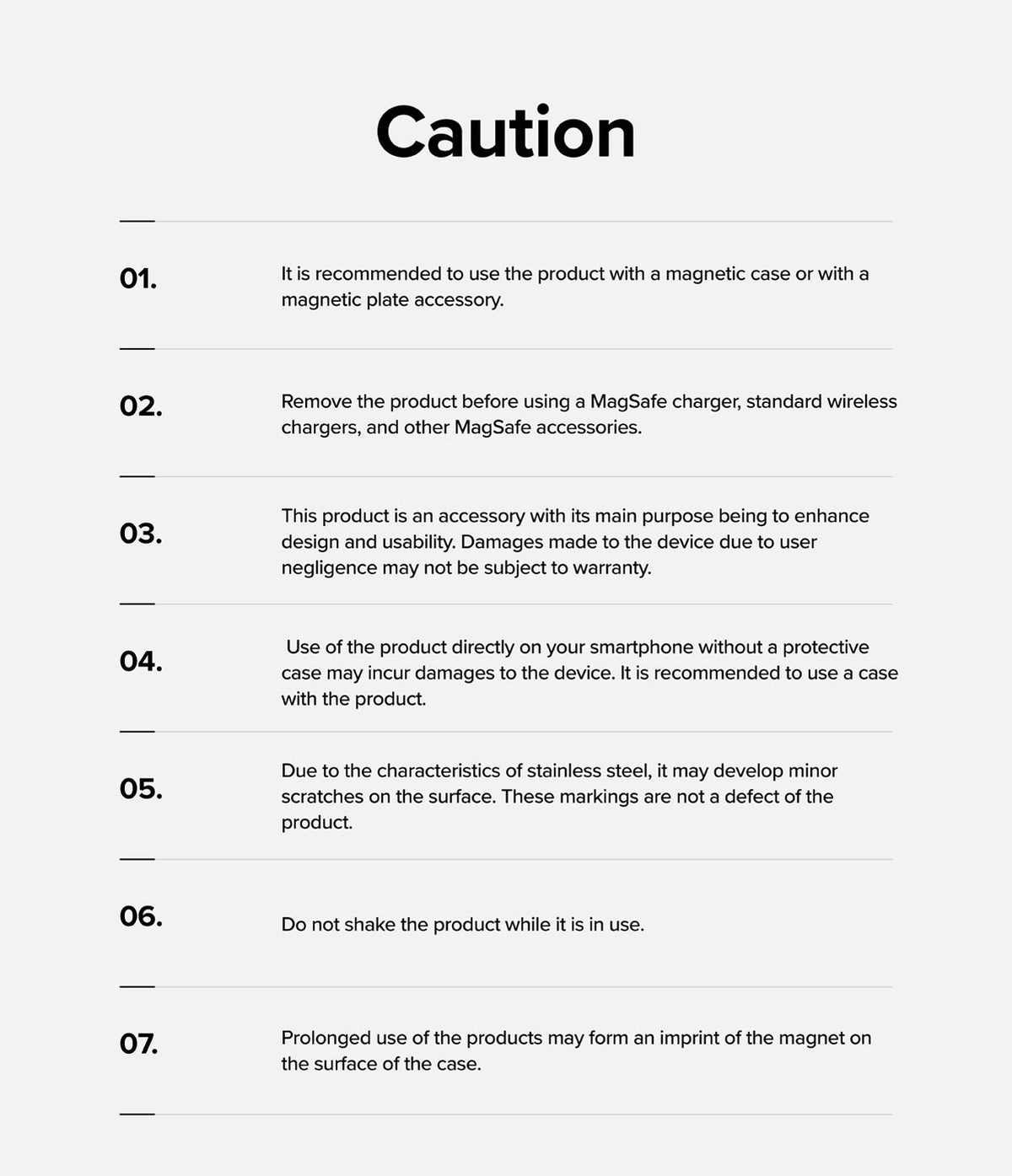 Ringke Smart Ring Magnetic - A list of seven numbered caution points regarding the product's usage and care.