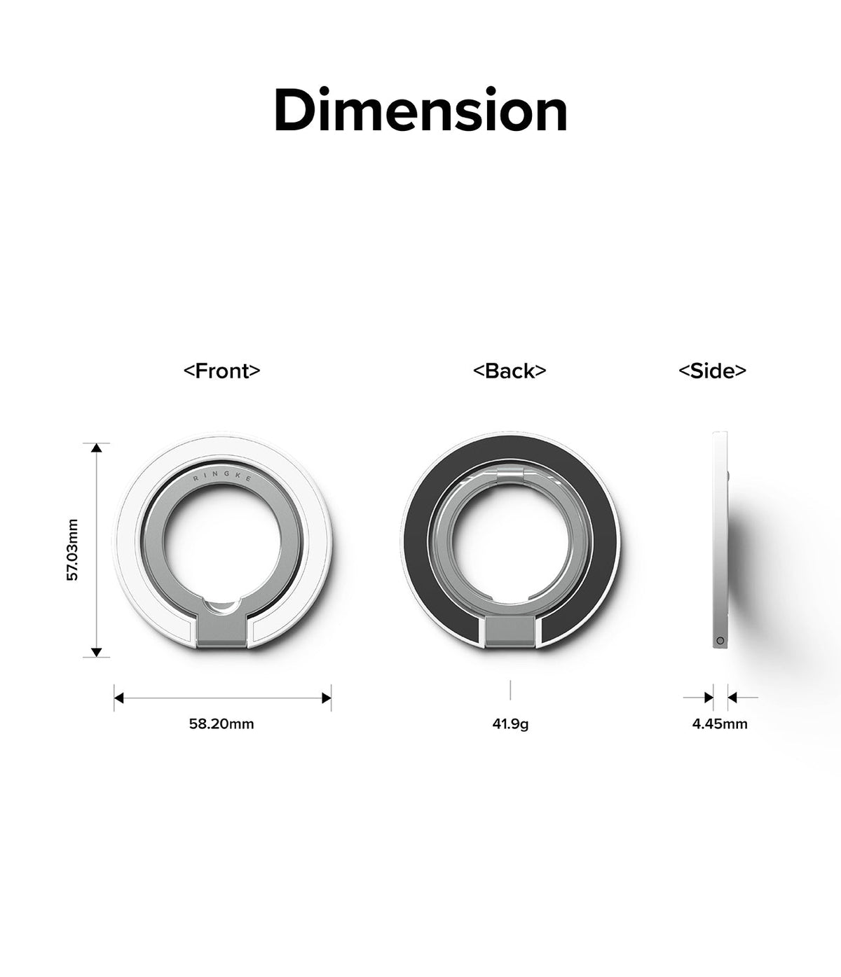 Ringke Smart Ring Magnetic - Technical diagram showing front, back, and side views with dimensions and weight specifications.