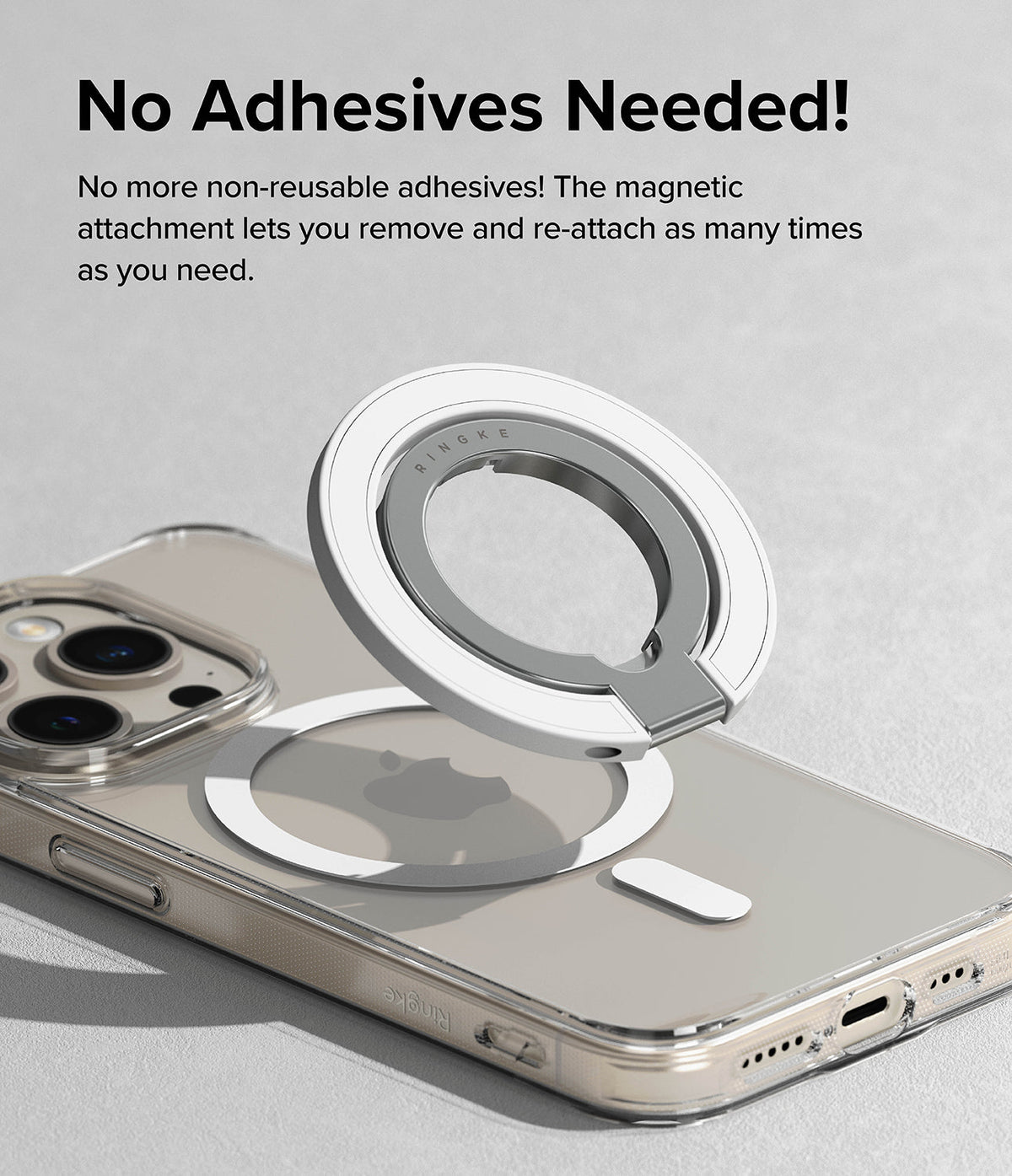 Ringke Smart Ring Magnetic - A white magnetic phone ring hovering above a clear smartphone case with a magnetic ring alignment.