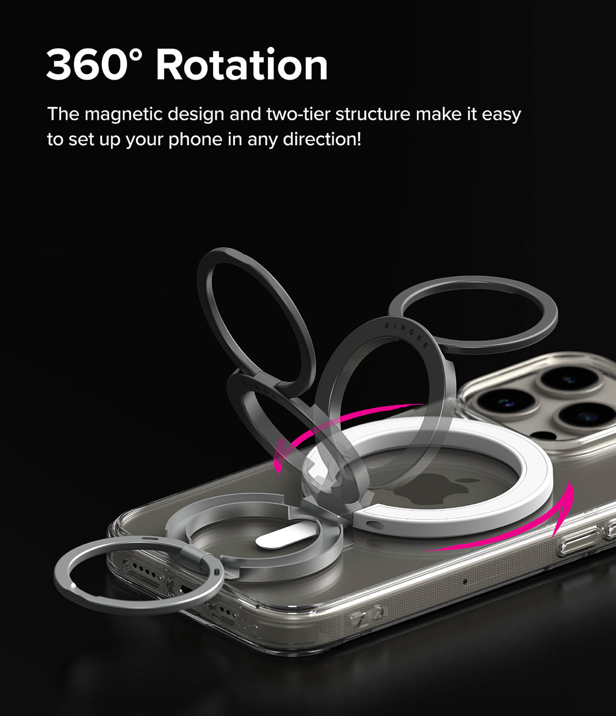 Ringke Smart Ring Magnetic - A gray magnetic ring holder on a smartphone showing 360-degree rotation with a pink arrow.