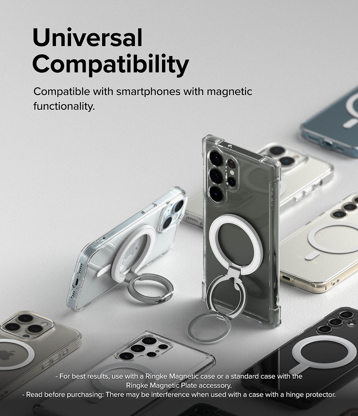 Ringke Smart Ring Magnetic - Multiple smartphones with clear cases and attached magnetic ring stands on a light surface.