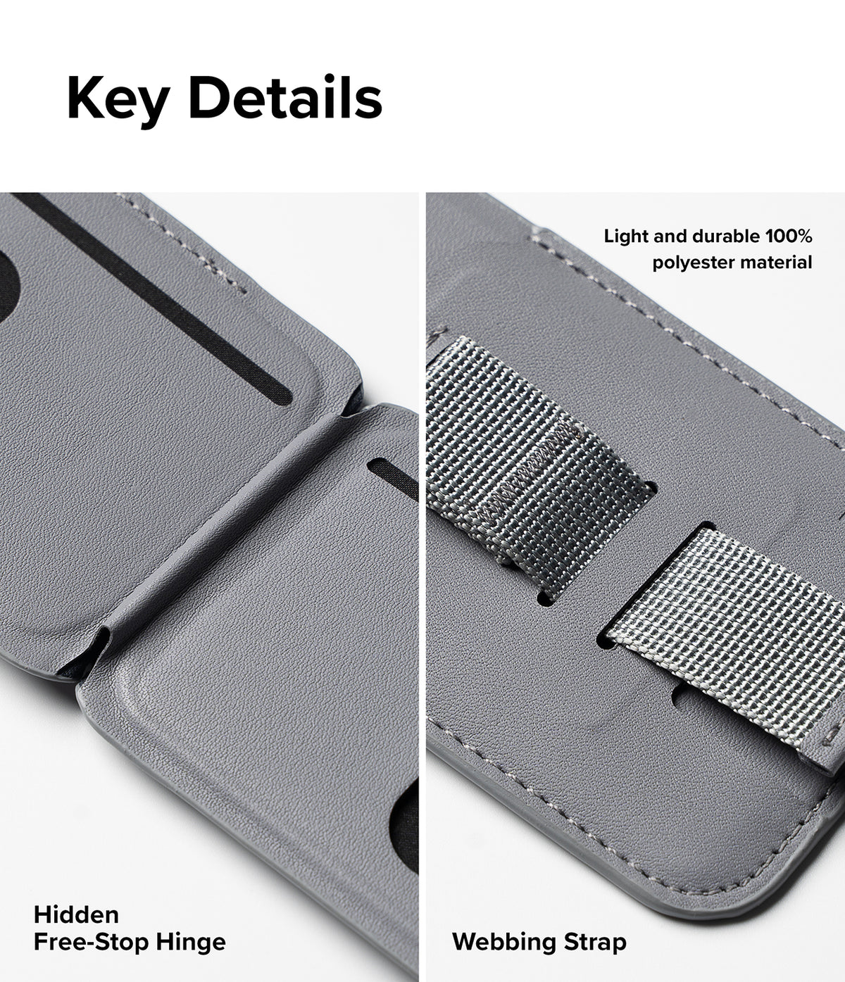 Card Holder | Stand Grip Magnetic Card Holder Wallet - Card Holder - Close-up of gray magnetic wallet showing hidden free-stop hinge and durable polyester webbing strap details.