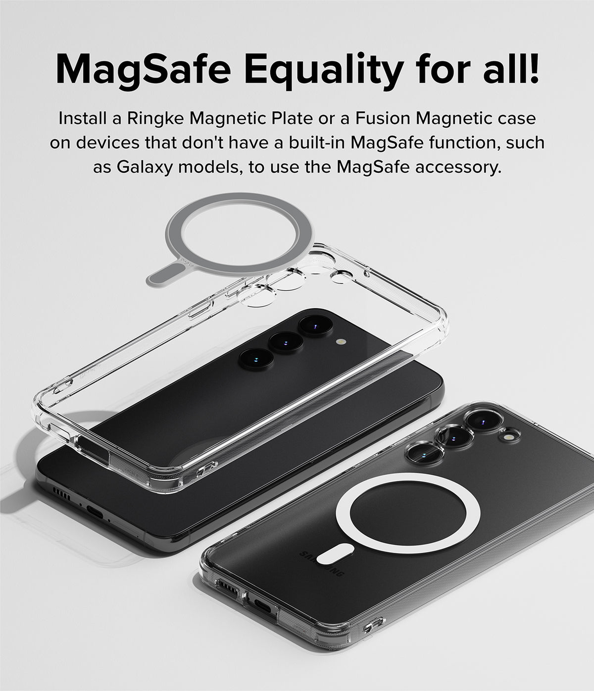 Card Holder | Stand Grip Magnetic Card Holder Wallet - Card Holder - A magnetic ring plate and clear phone case shown above a smartphone to demonstrate MagSafe compatibility.
