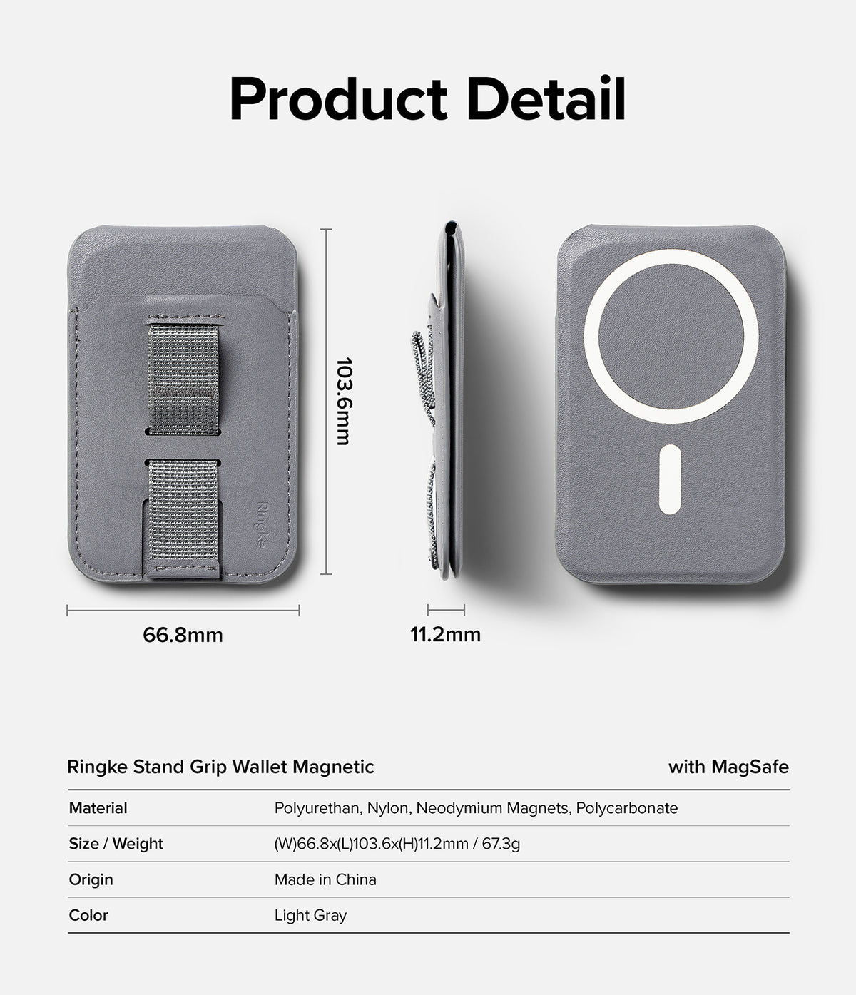 Card Holder | Stand Grip Magnetic Card Holder Wallet - Card Holder - Technical diagram showing dimensions and features of a gray magnetic phone wallet with a finger strap.