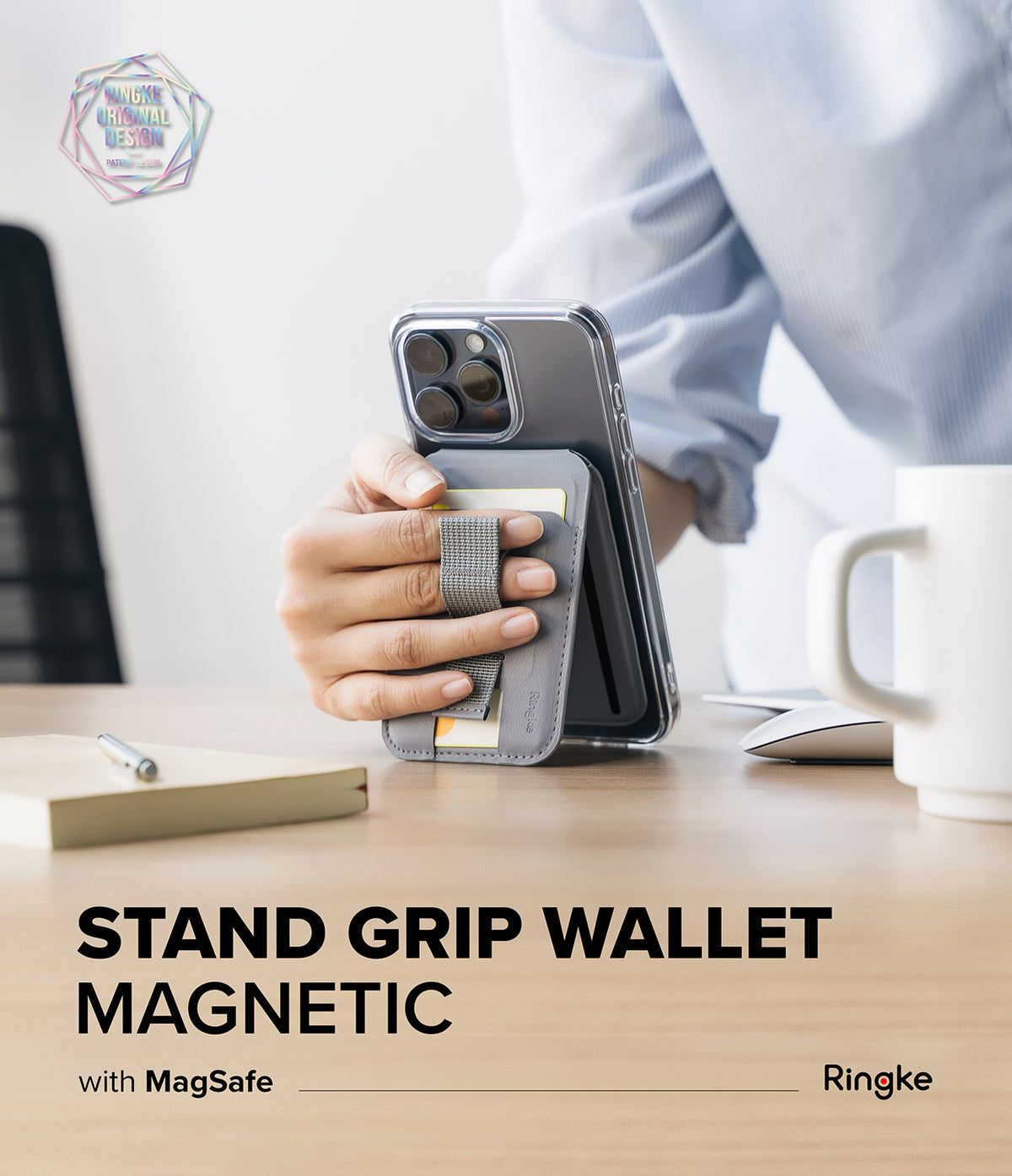 Card Holder | Stand Grip Magnetic Card Holder Wallet - Card Holder - Hand holding a gray magnetic phone wallet with a fabric finger strap attached to the back of a smartphone.