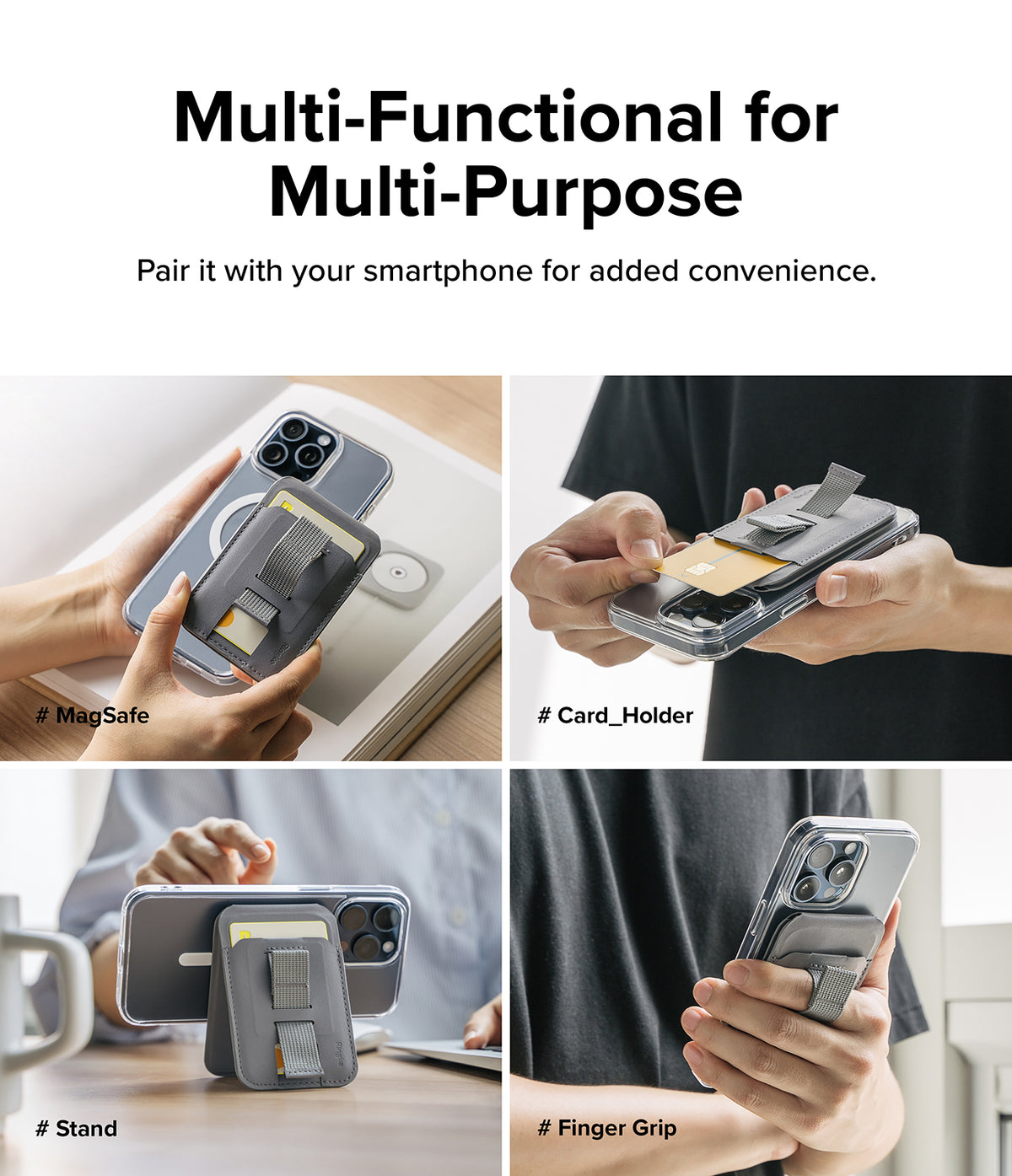 Card Holder | Stand Grip Magnetic Card Holder Wallet - Card Holder - Four panels showing a magnetic wallet used as a phone stand, card holder, and finger grip on a smartphone.