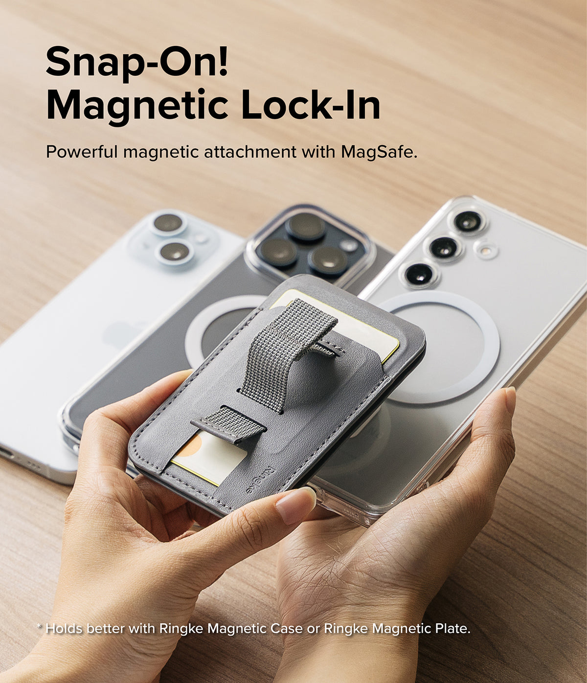 Card Holder | Stand Grip Magnetic Card Holder Wallet - Card Holder - Hands holding a gray magnetic card wallet with a finger strap over smartphones with MagSafe rings.