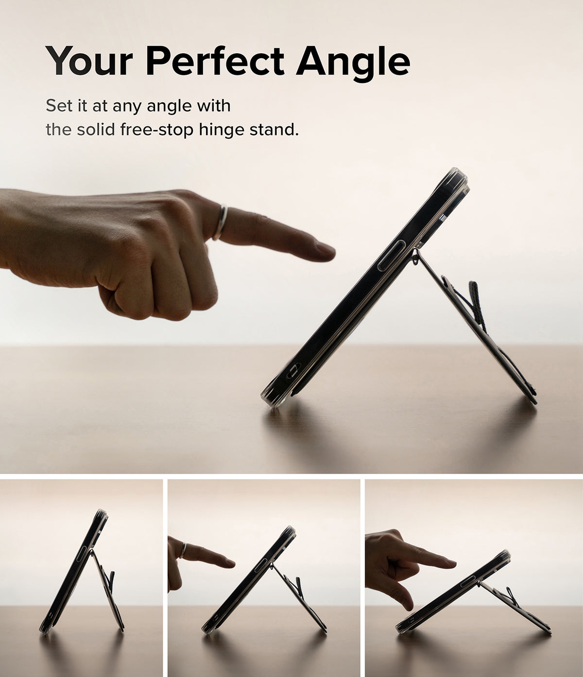 Card Holder | Stand Grip Magnetic Card Holder Wallet - Card Holder - A hand adjusts a smartphone on a magnetic stand, showing various viewing angles on a desk.