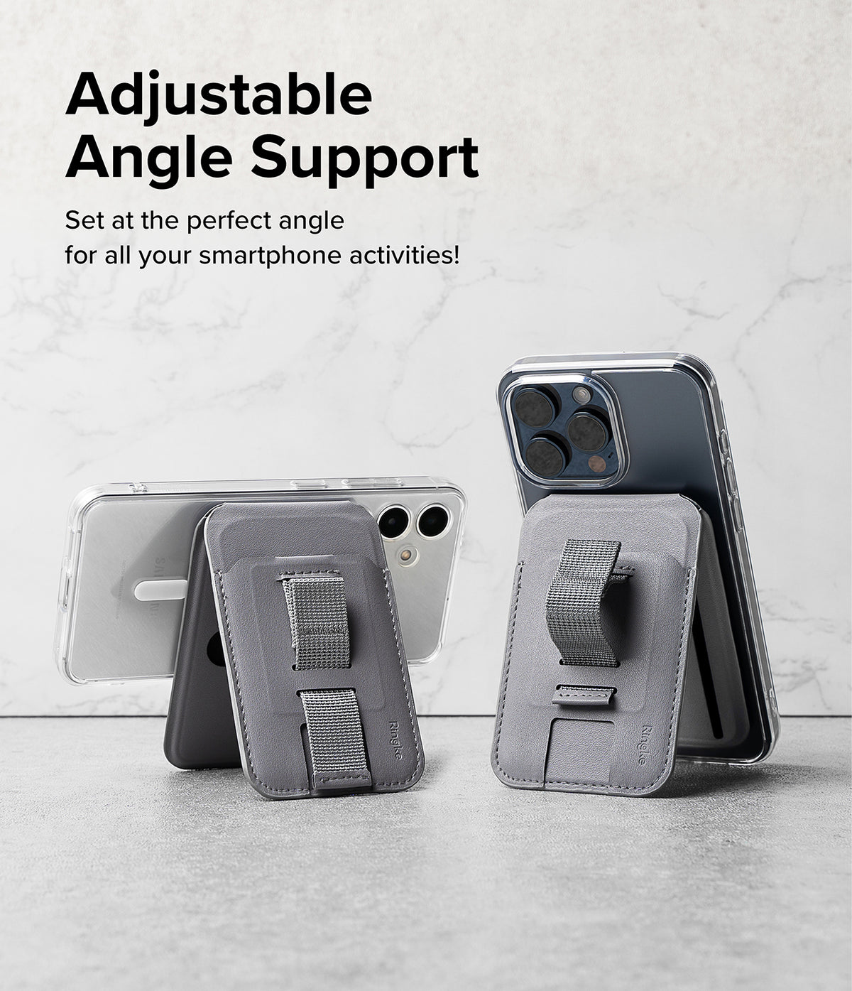 Card Holder | Stand Grip Magnetic Card Holder Wallet - Card Holder - Two smartphones with grey magnetic card holder stands propped up in landscape and portrait orientations.