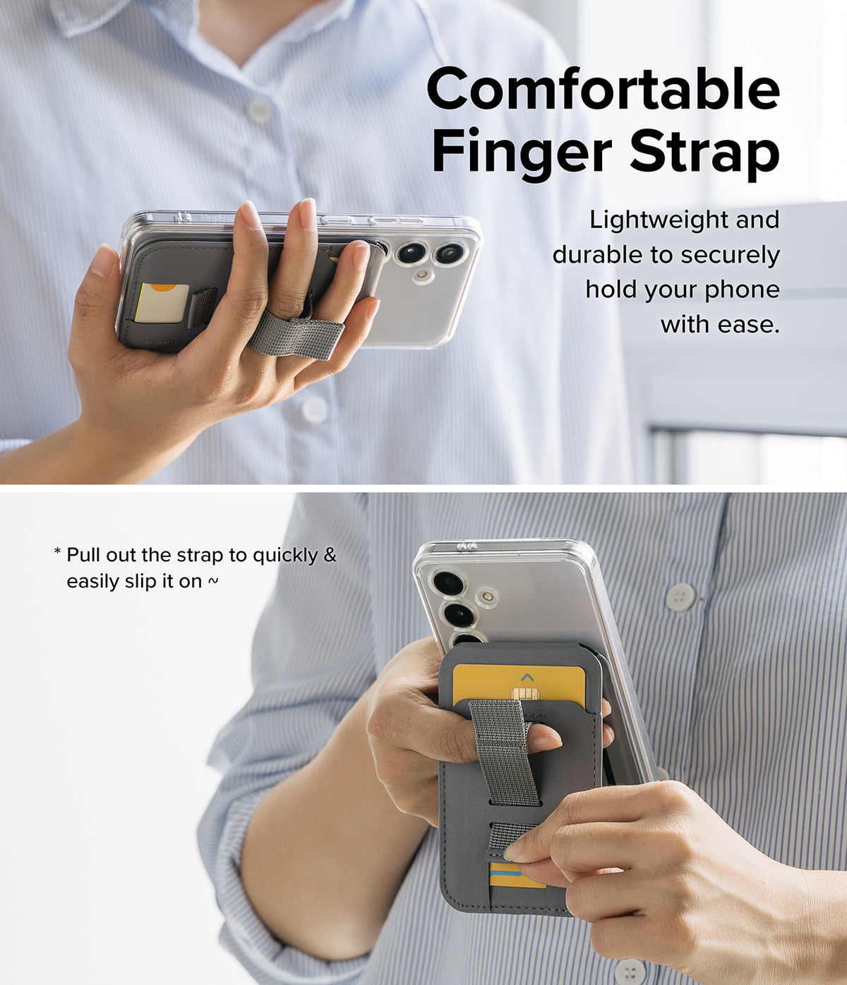 Card Holder | Stand Grip Magnetic Card Holder Wallet - Card Holder - Person using a magnetic phone wallet with an integrated finger strap to securely hold their smartphone.