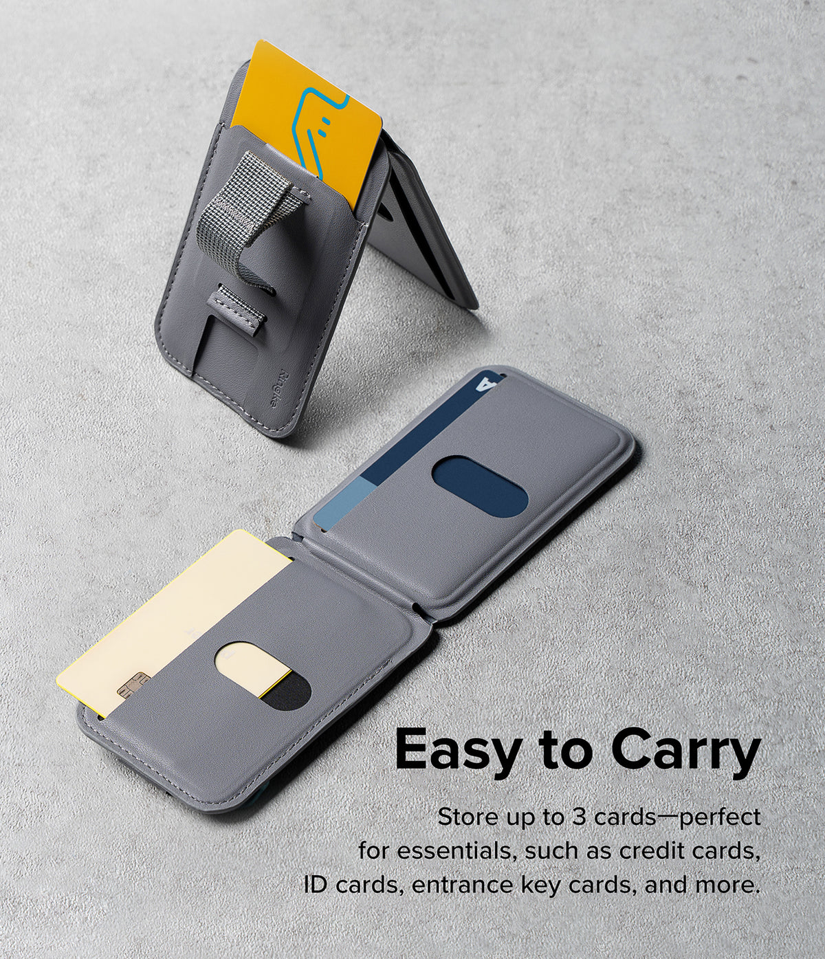 Card Holder | Stand Grip Magnetic Card Holder Wallet - Card Holder - Gray magnetic wallet with a finger strap, shown folded as a stand and open holding three cards.