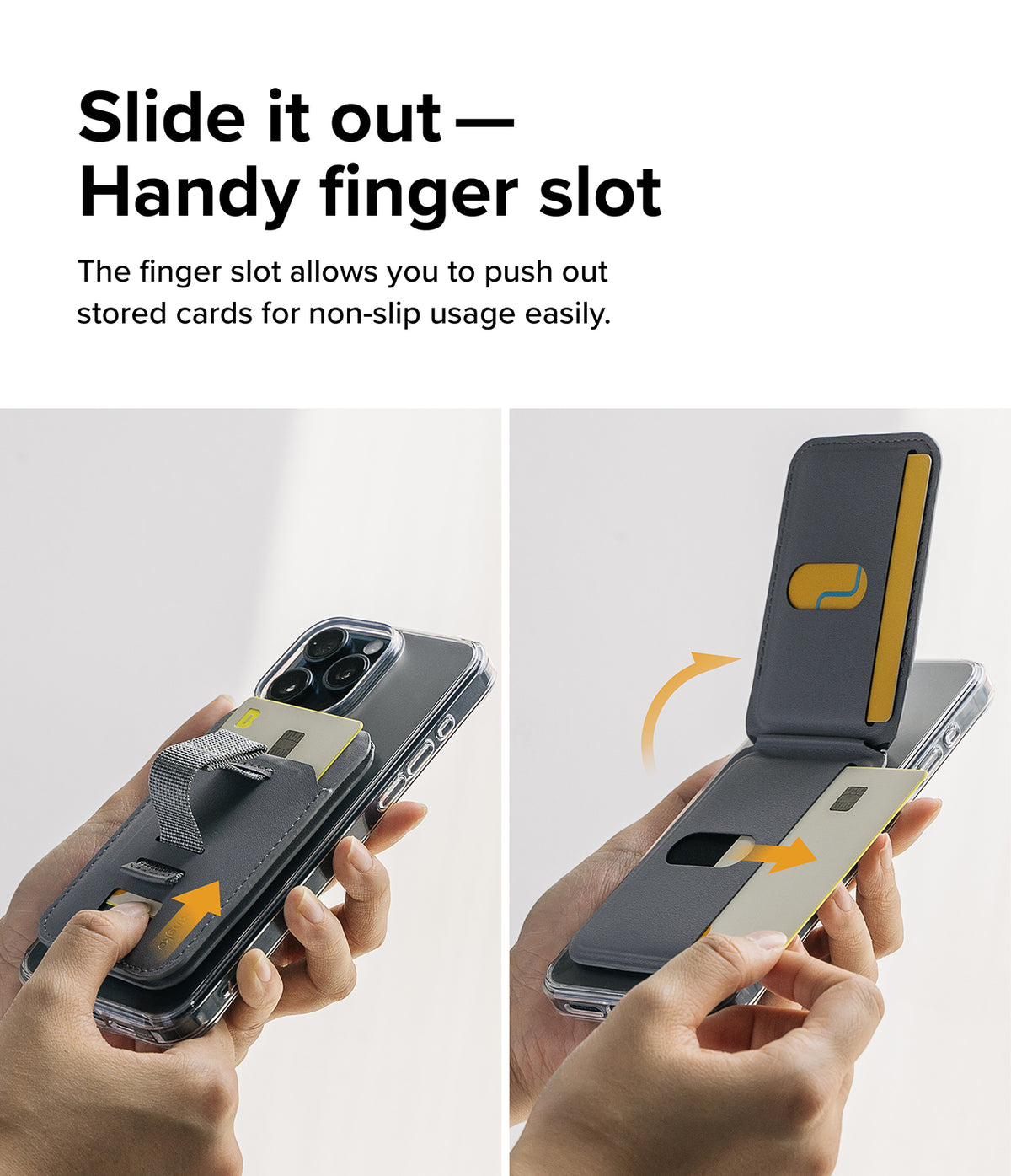 Card Holder | Stand Grip Magnetic Card Holder Wallet - Card Holder - Hands demonstrating the finger slot on a magnetic phone wallet to easily slide out stored credit cards.