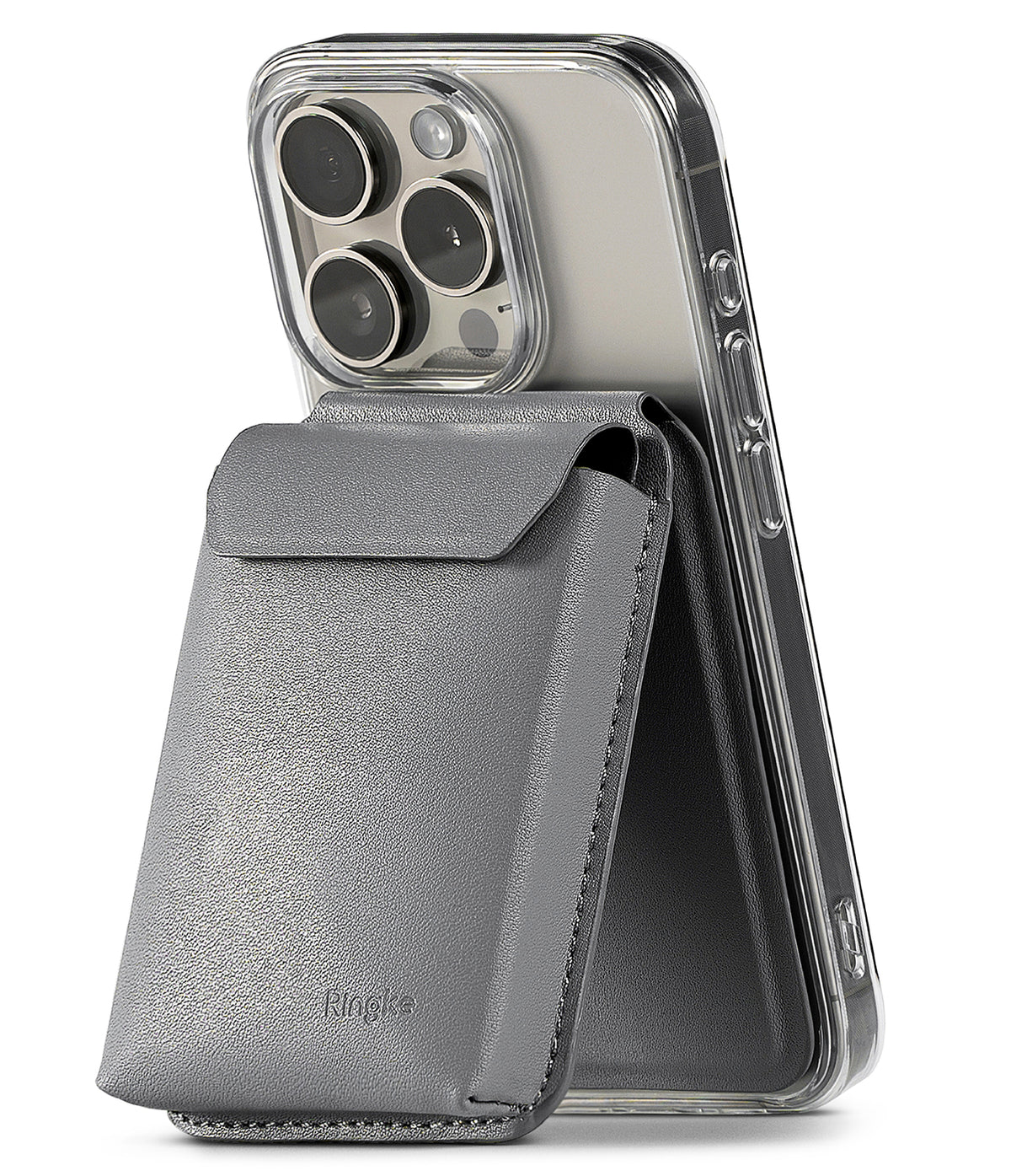 Card Holder | Stand Pocket Magnetic - Gray magnetic card holder attached to a phone, folded out to act as a stand.
