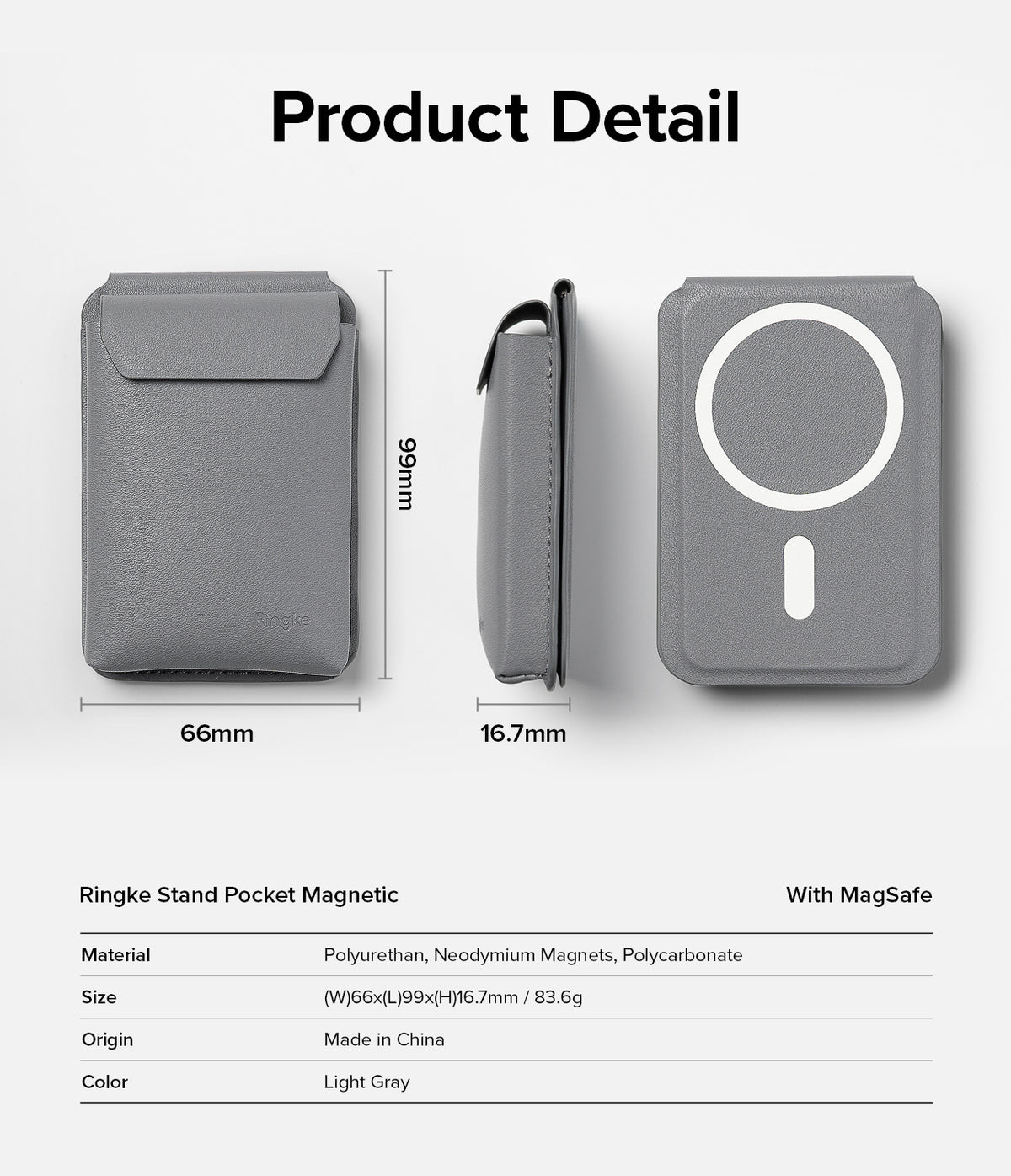 Card Holder | Stand Pocket Magnetic - Dimensions and specifications for a gray magnetic phone card holder with a stand.