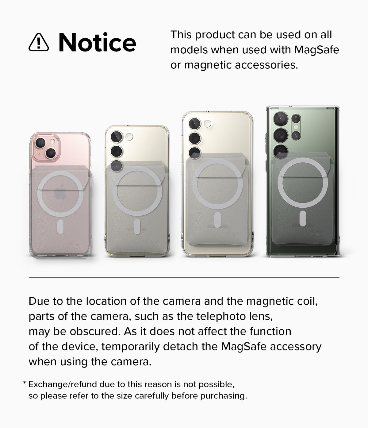 Card Holder | Stand Pocket Magnetic - Four smartphones with magnetic card holders attached, showing potential camera overlap.