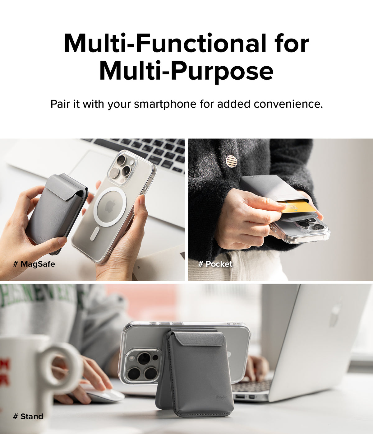 Card Holder | Stand Pocket Magnetic - Gray magnetic card holder attaching to a phone, storing a card, and acting as a stand.